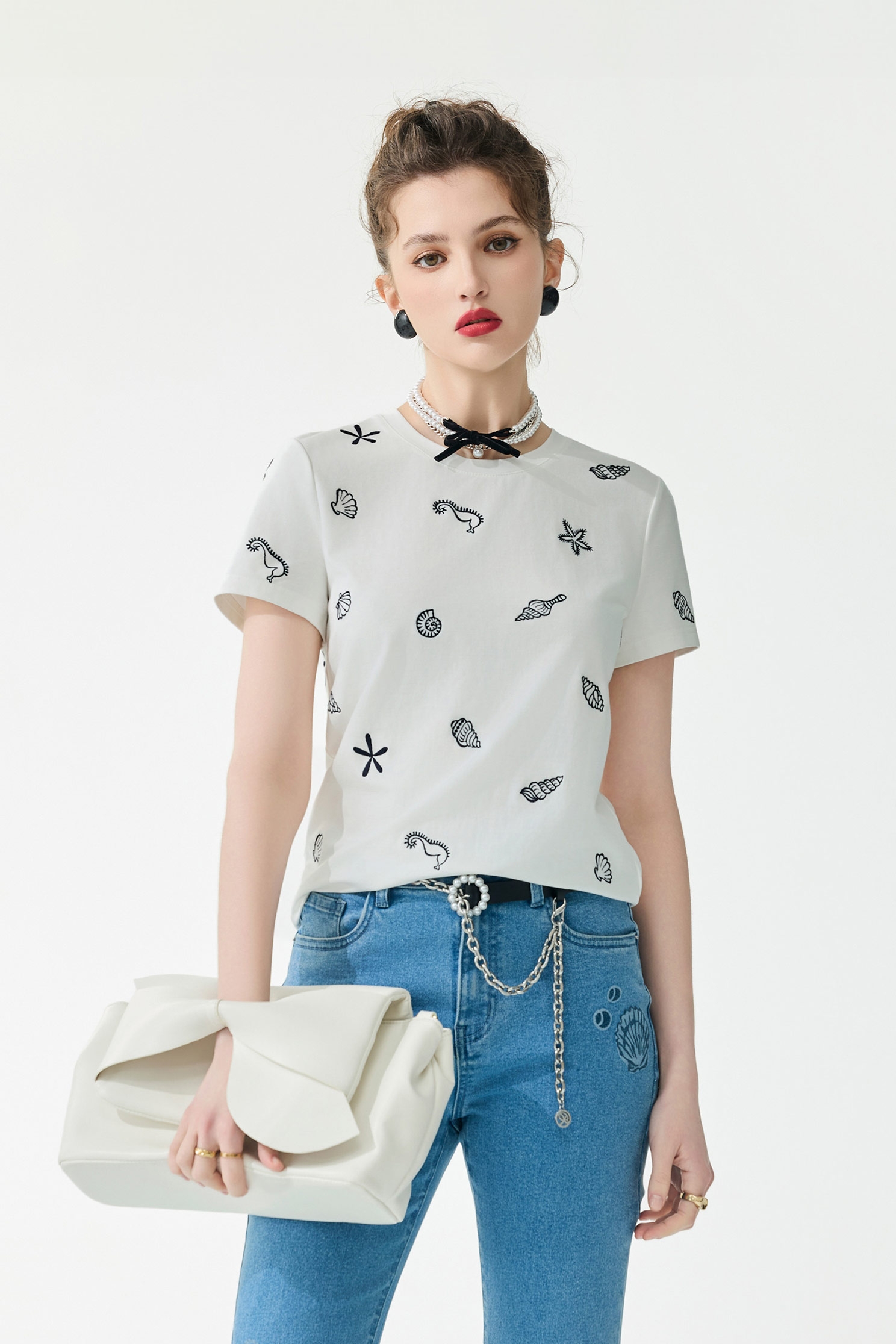 Marine Motifs Embroidery Short Sleeve TeeMarine Motifs Embroidery Short Sleeve Tee,T-shirts,Tops,Embroidered,Season (SS) Look,White tops