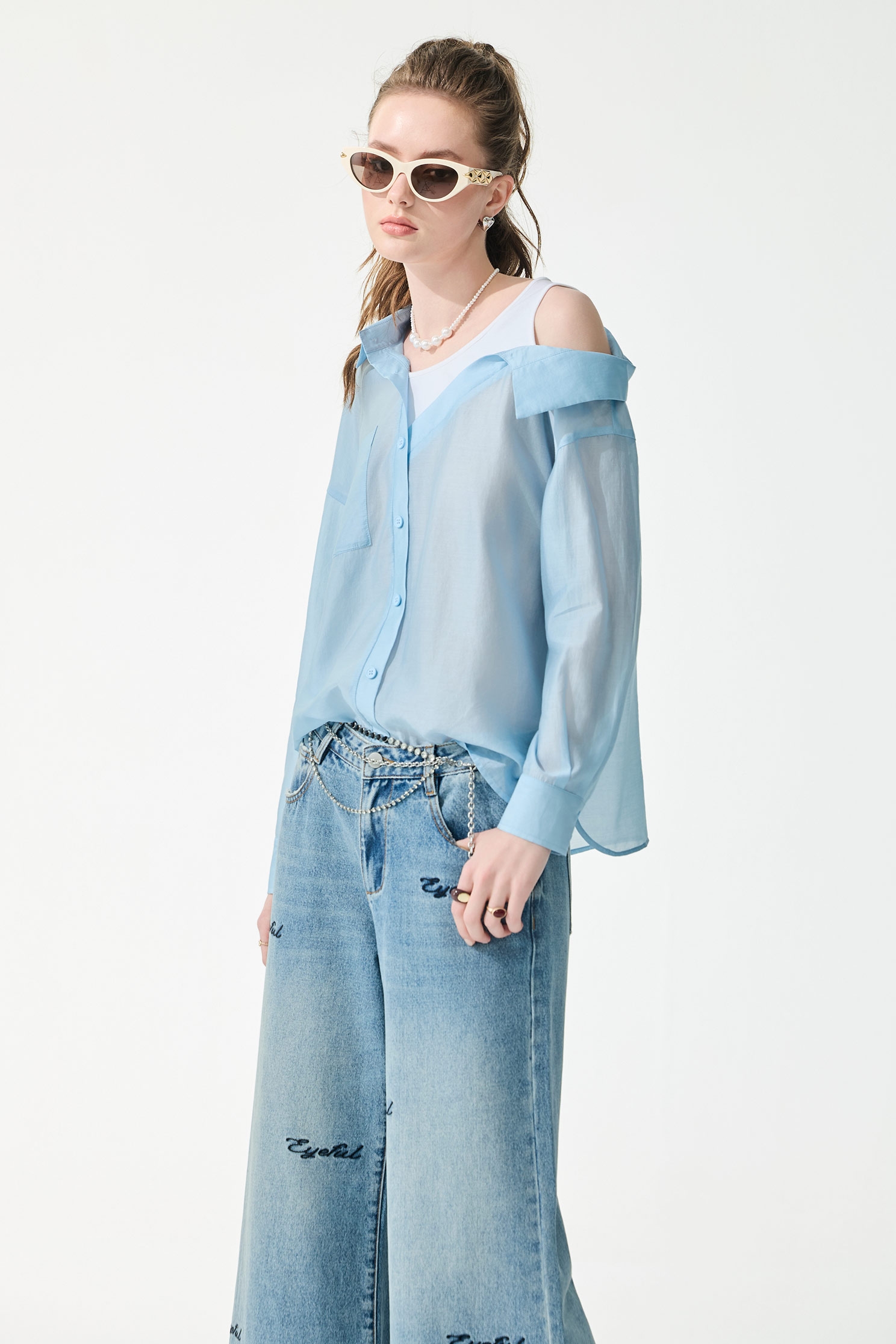 Fake Two Piece Blue Long Sleeve Blouse,Tops,Season (SS) Look,Blouses