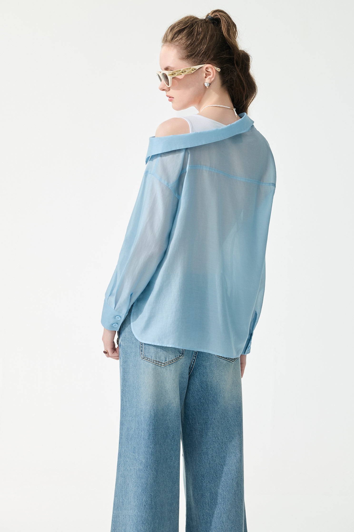 Fake Two Piece Blue Long Sleeve Blouse,Tops,Season (SS) Look,Blouses