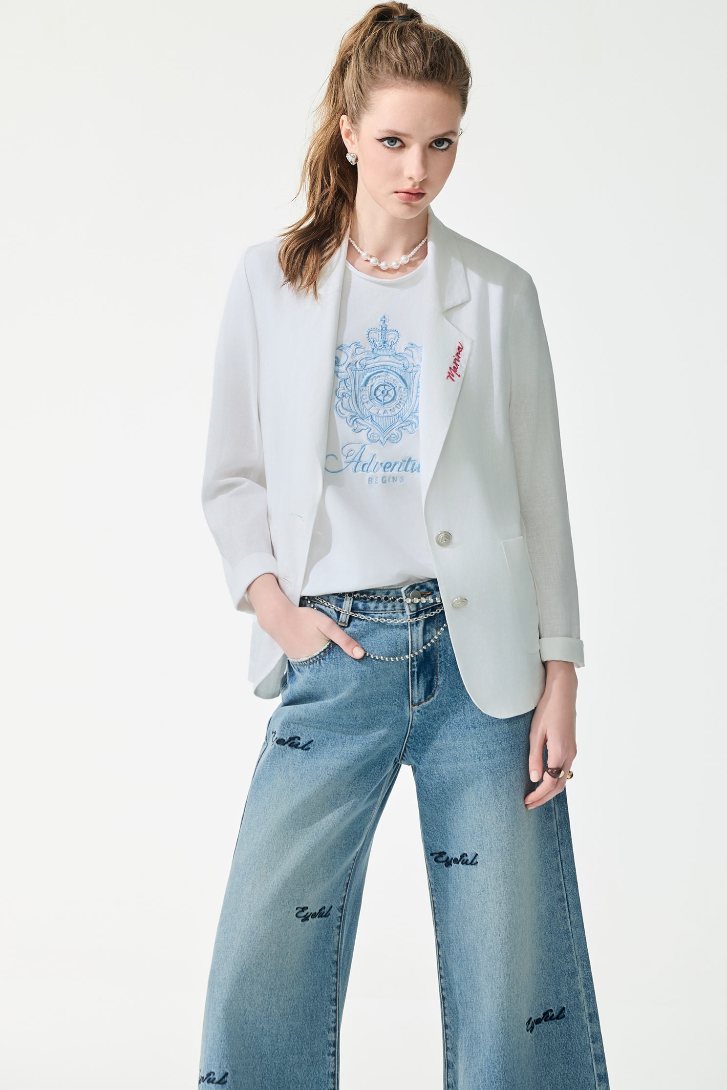 Blue Embroidery Logo Short Sleeve Tee,Tops,Embroidered,Season (SS) Look,White tops