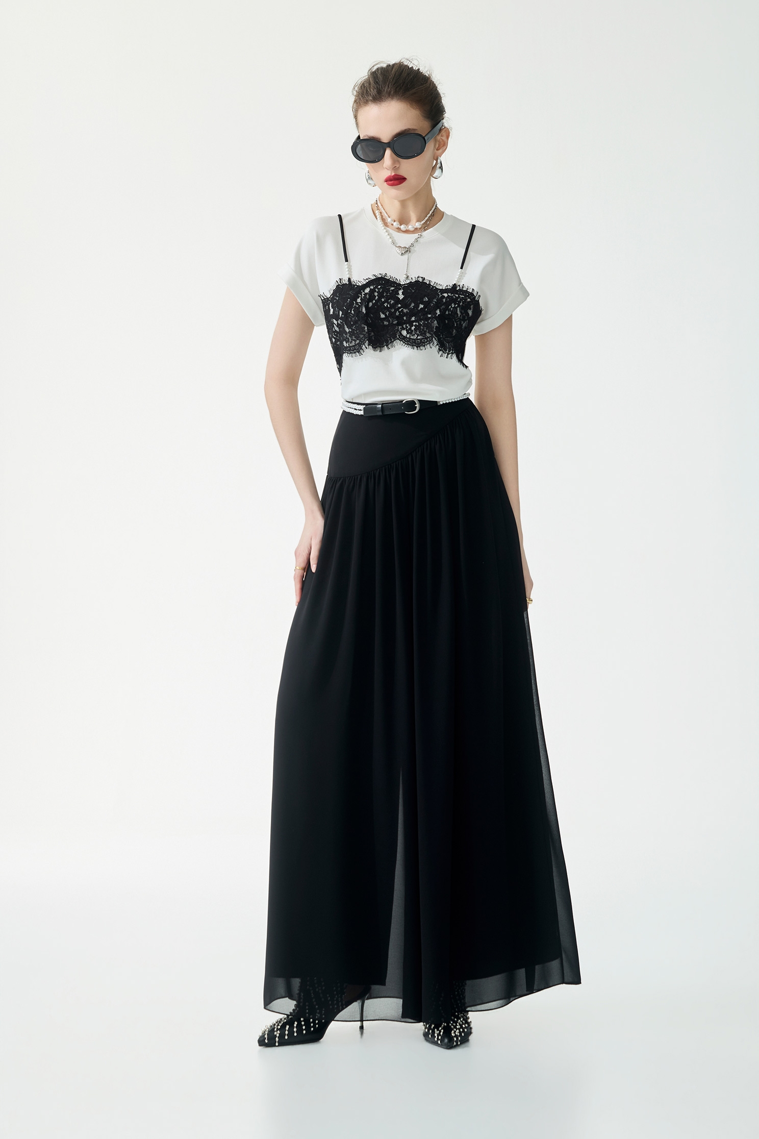 Contrast Lace Detail Fake Two Piece TeeContrast Lace Detail Fake Two Piece Tee,Tops,Season (SS) Look,pearl,White tops,Lace