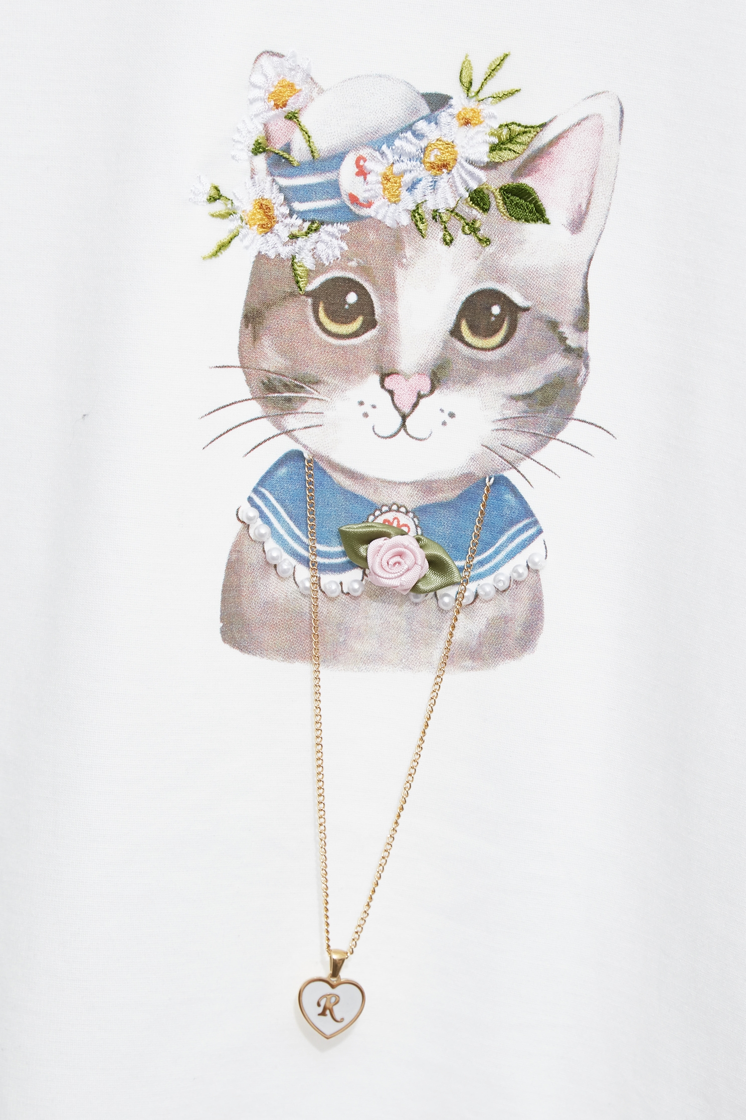 Cat Graphic Short Sleeve TeeCat Graphic Short Sleeve Tee,Tops,Season (SS) Look,White tops,Necklaces