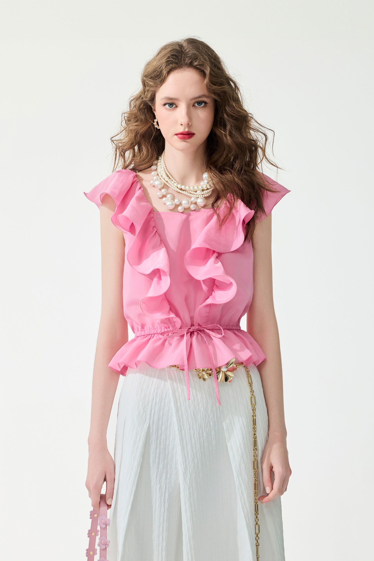 Ruffle Taffeta Pink TopRuffle Taffeta Pink Top,sleeveless tops,Tops,Season (SS) Look,sleeveless tops,bows