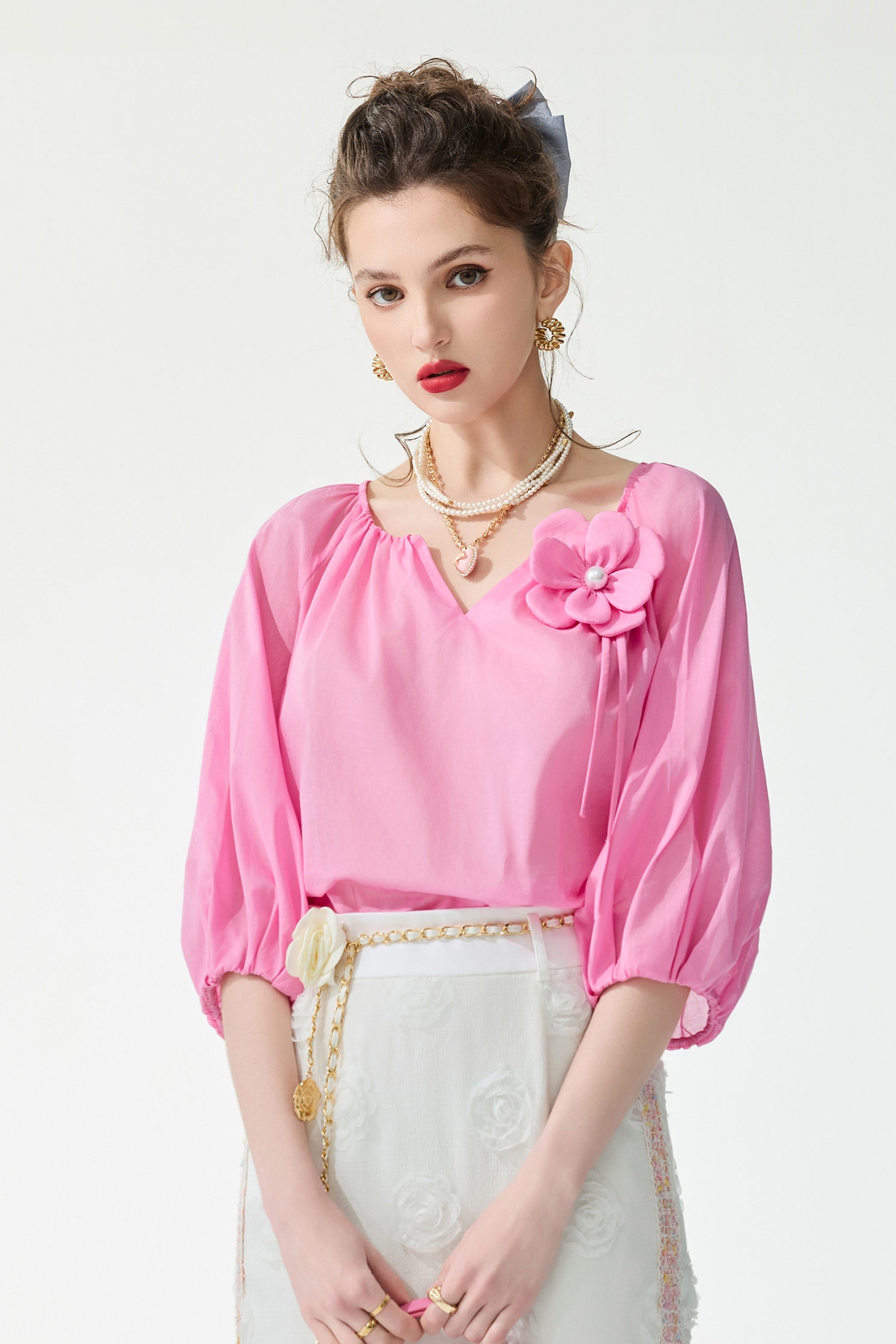 Floral Brooch Pink TopFloral Brooch Pink Top,Tops,Season (SS) Look