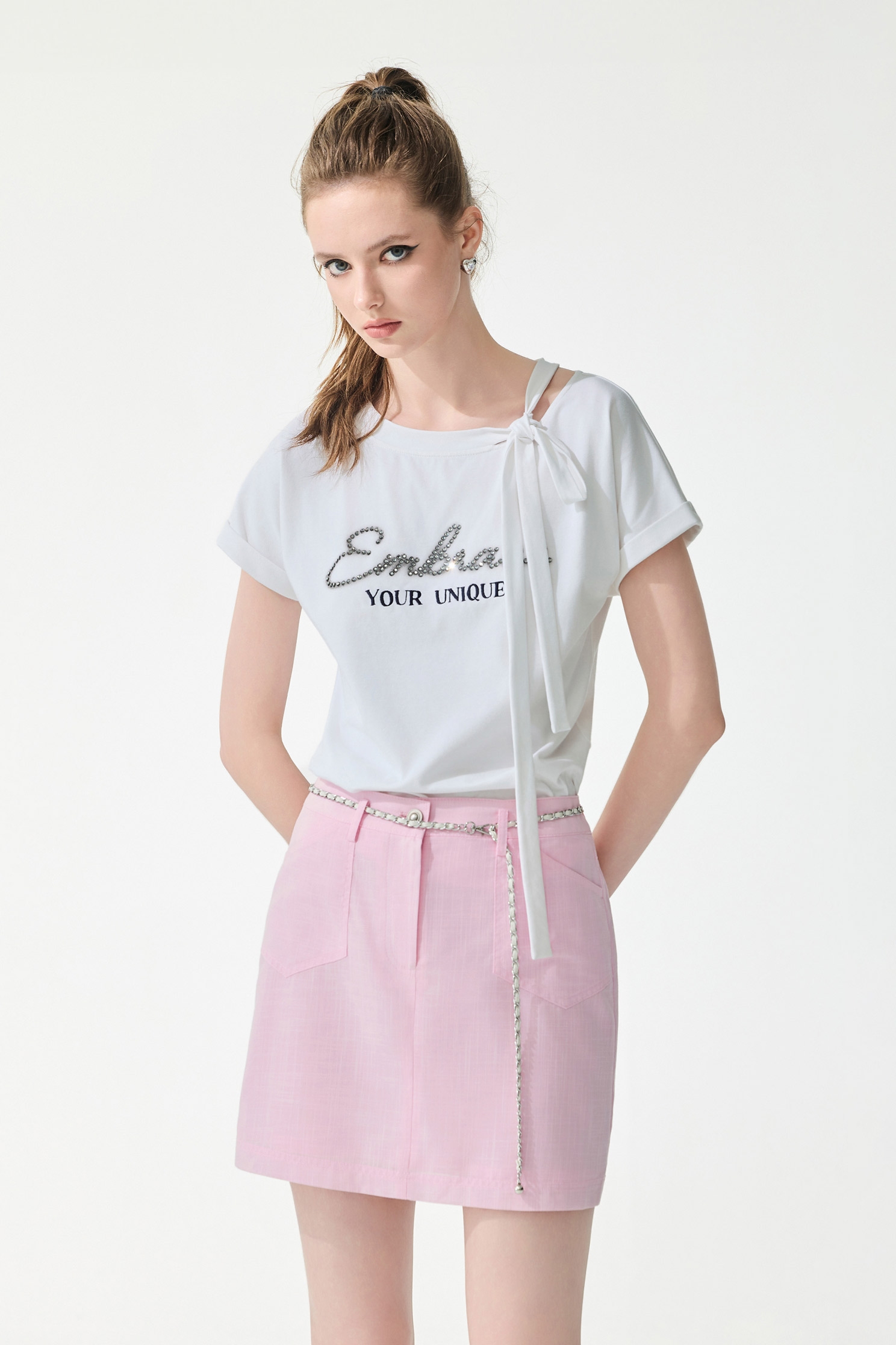 Sequin Slogan Short Sleeve Tee,Tops,Embroidered,Season (SS) Look,White tops,Cotton
