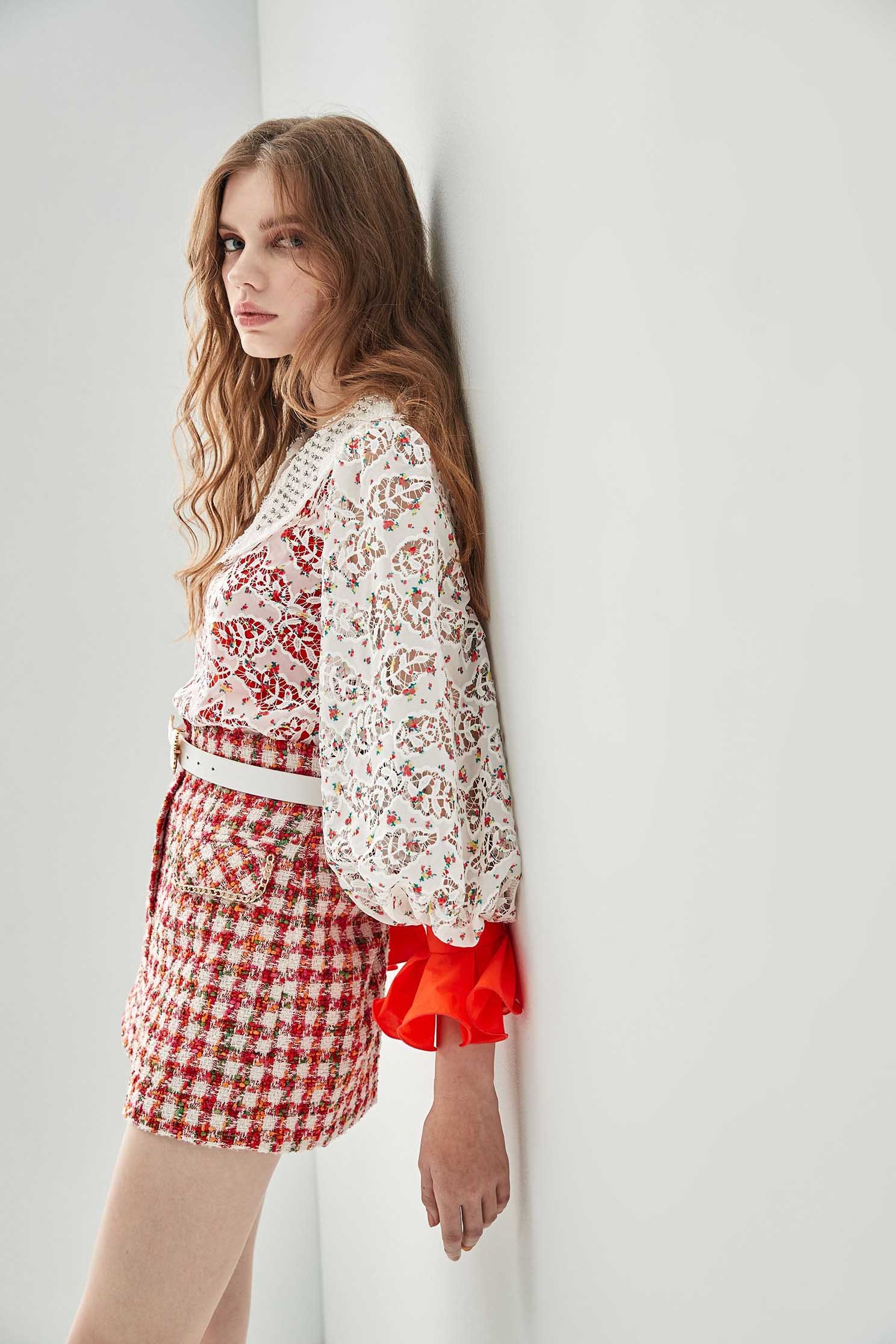 Full Lace Peter Pan Collar TopTop with lace print,Tops,Season (SS) Look,upperclass,Lucky Red