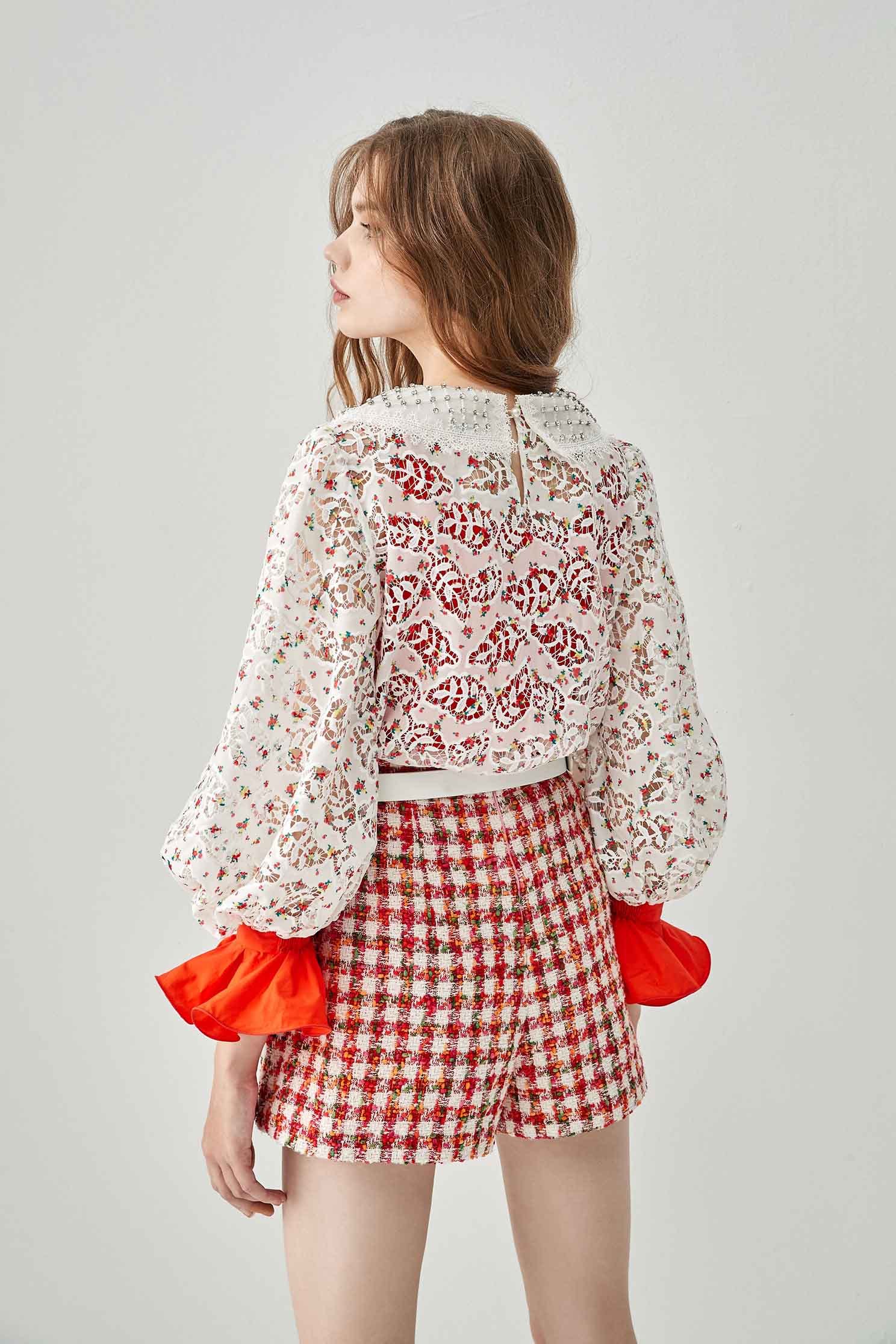 Full Lace Peter Pan Collar TopTop with lace print,Tops,Season (SS) Look,upperclass,Lucky Red