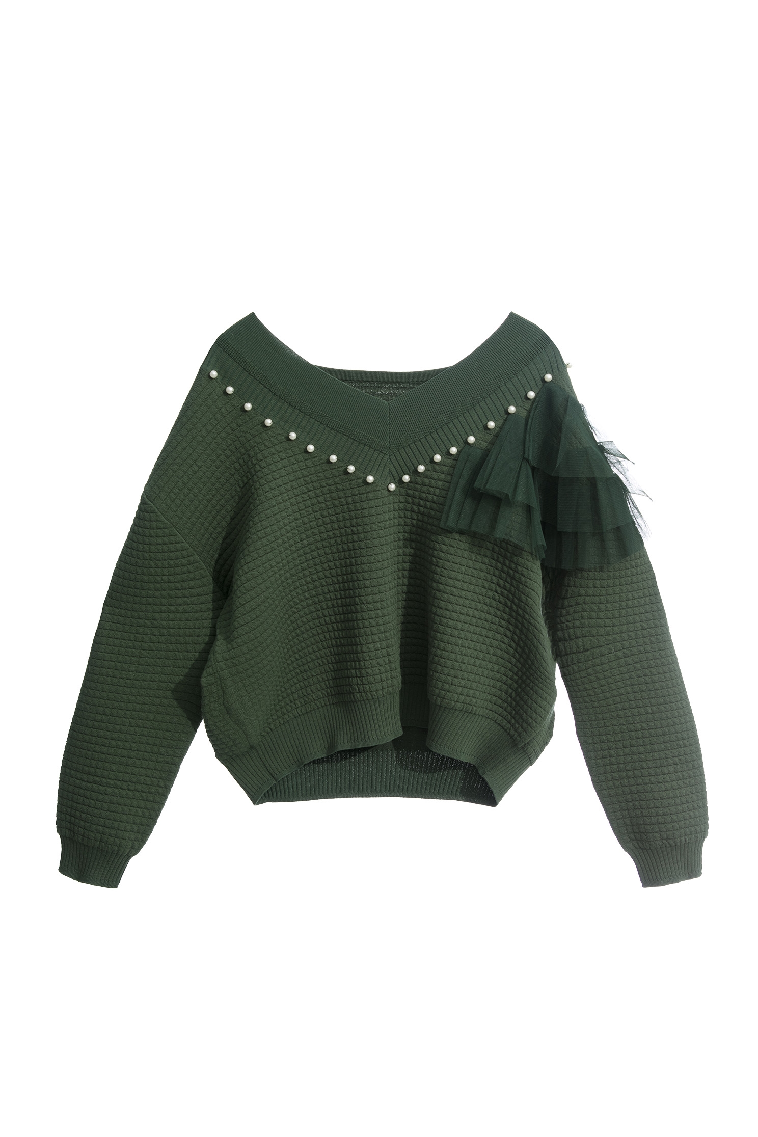 V-neck Knit Top With Pearl AppliqueV-neck Knit Top With Pearl Applique,Tops,Plaid,pearl,Season (AW) Look,Mesh fabric,Knitted,Knitted tops