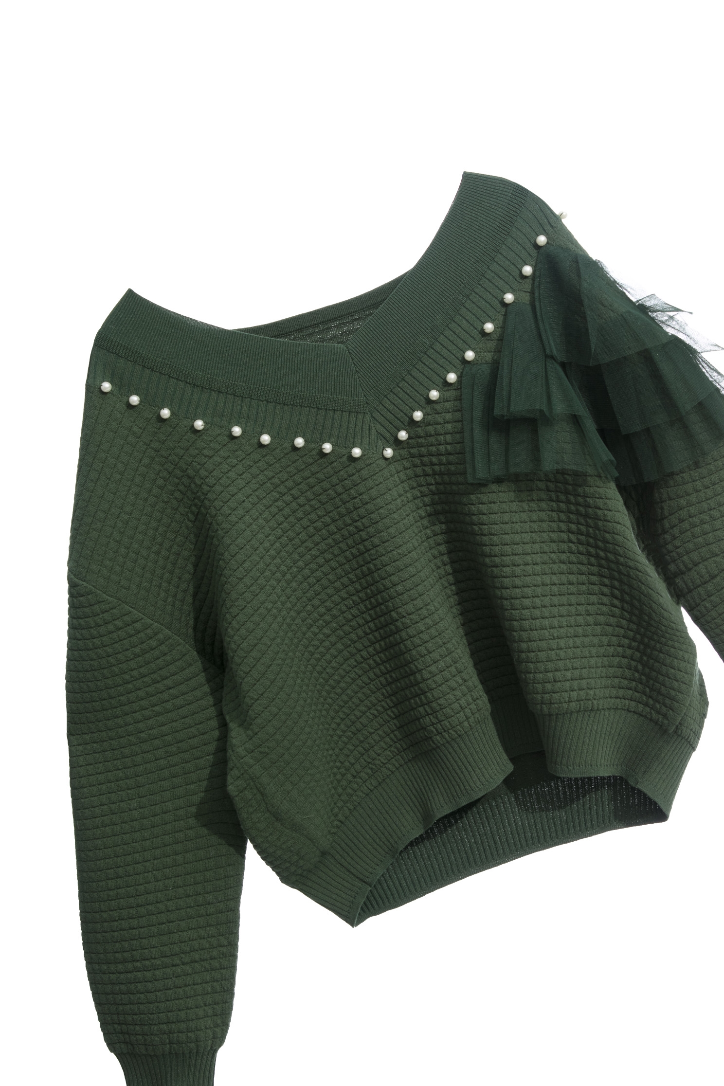 V-neck Knit Top With Pearl AppliqueV-neck Knit Top With Pearl Applique,Tops,Plaid,pearl,Season (AW) Look,Mesh fabric,Knitted,Knitted tops