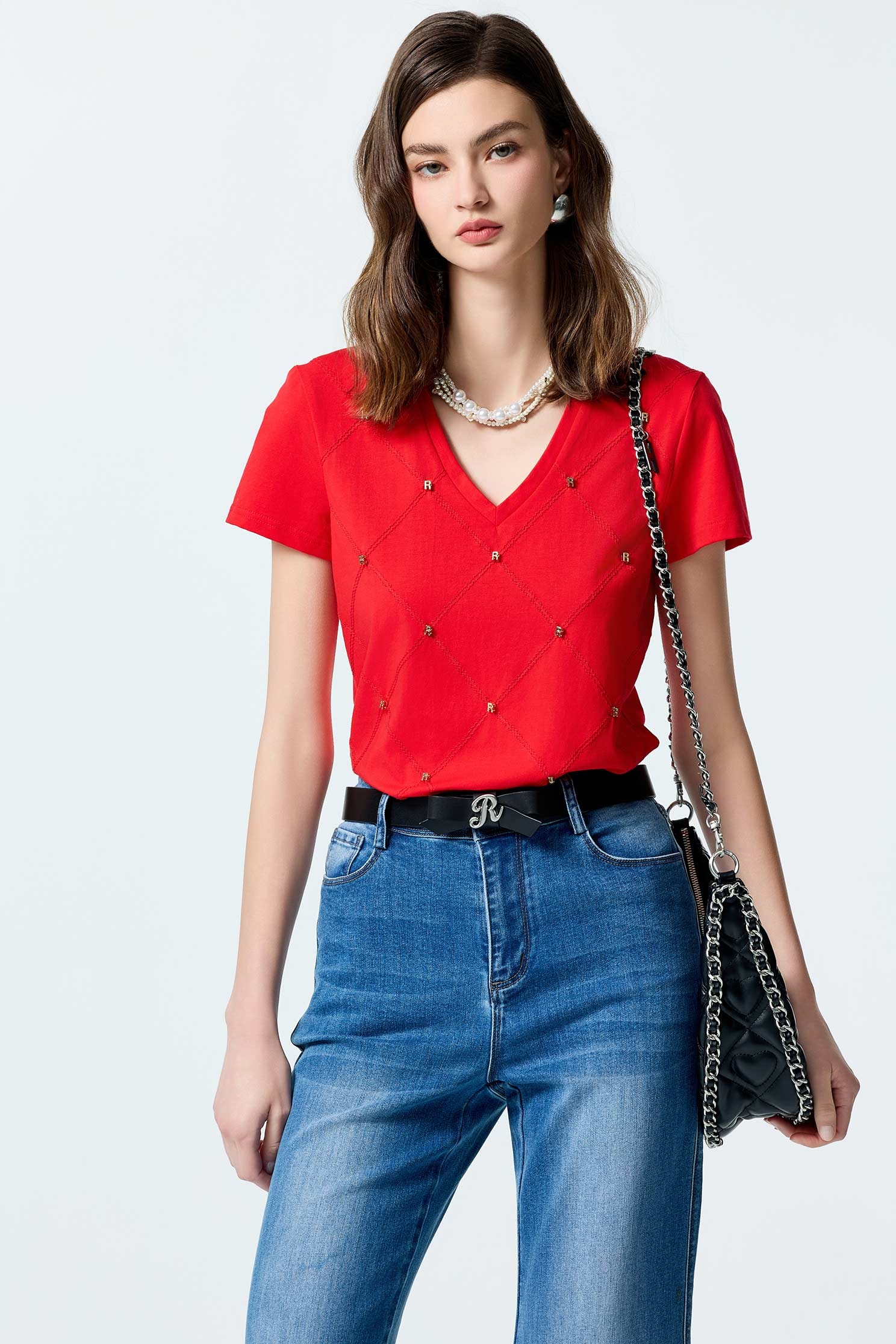 R Logo Short Sleeve TeeR Logo Short Sleeve Tee,T-shirts,Tops,Embroidered,Plaid,Season (AW) Look,Cotton