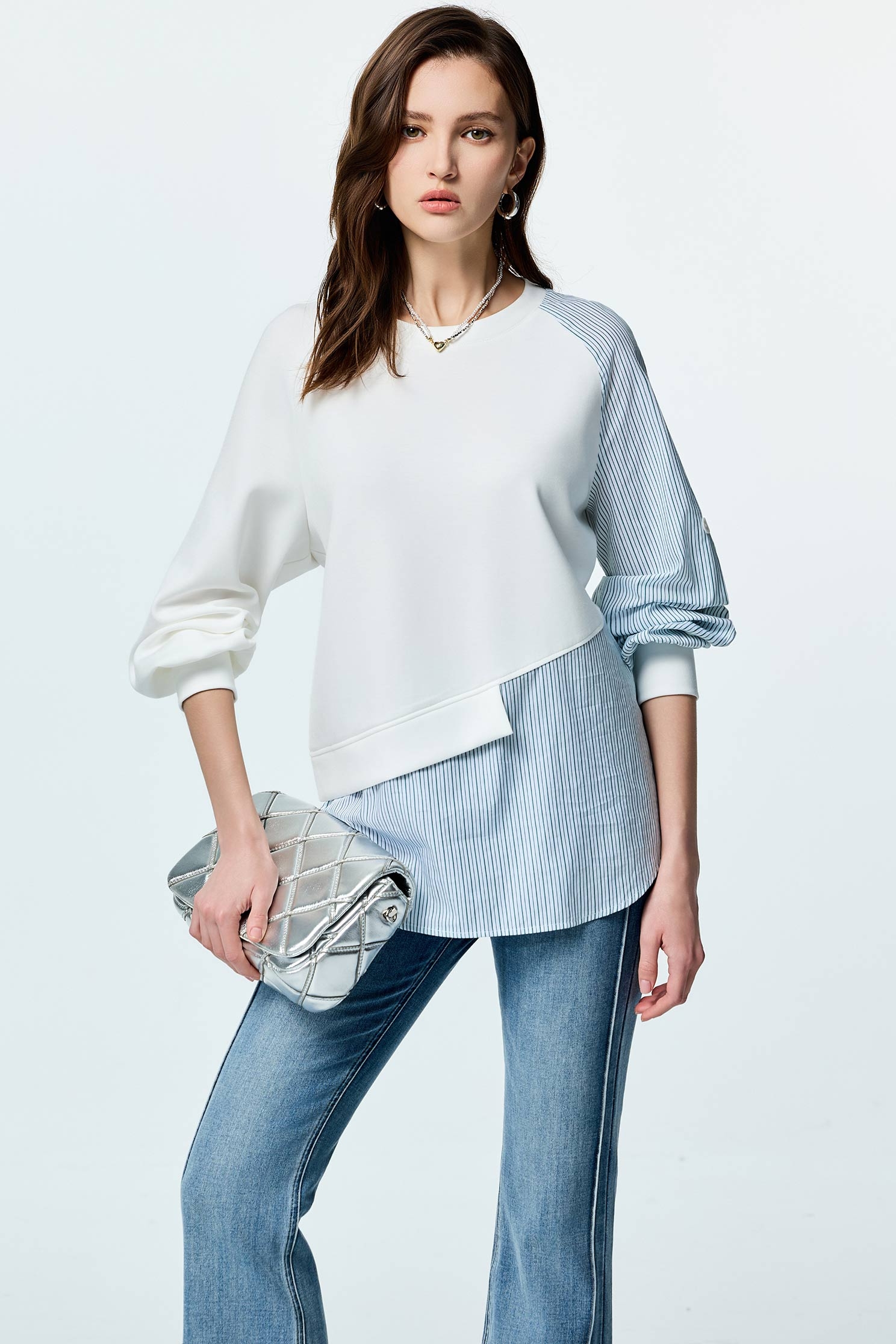 Long Sleeve Patchwork TopLong Sleeve Patchwork Top,Tops,Stripe,Season (AW) Look,Blouses