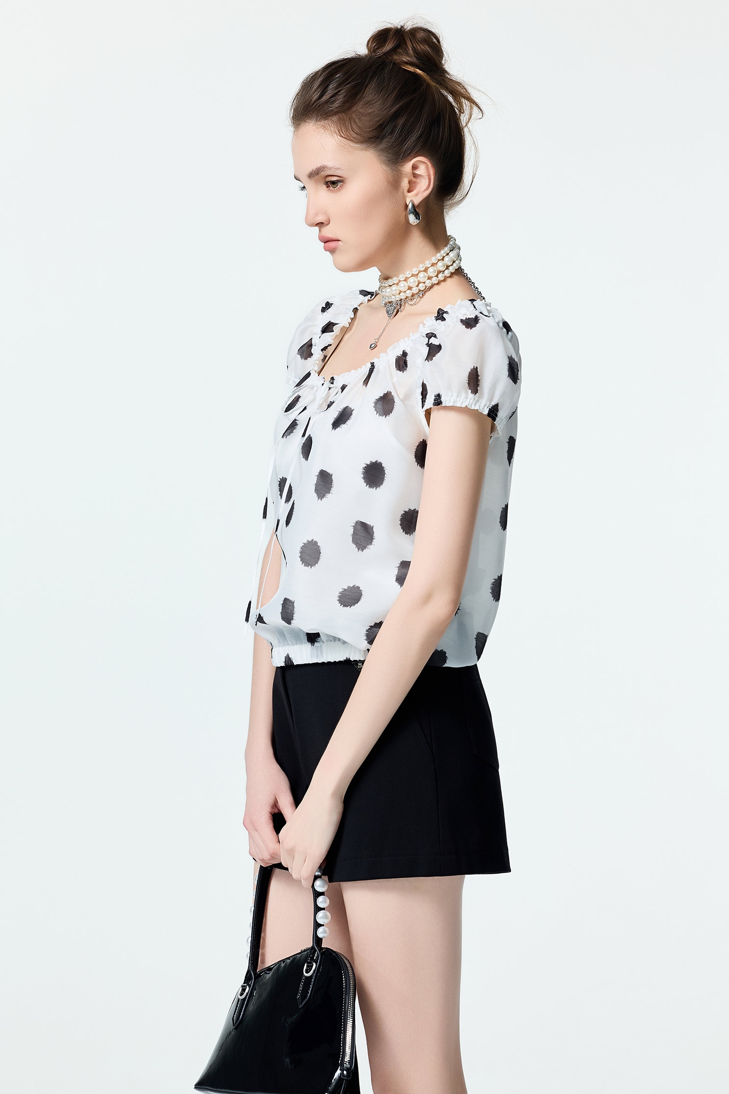 Smudge Polka Dot Print Short Sleeve TopSmudge Polka Dot Print Short Sleeve Top,Tops,Under shirts,Season (SS) Look,dotcollection,Back To Classic,bows,Back To B/W