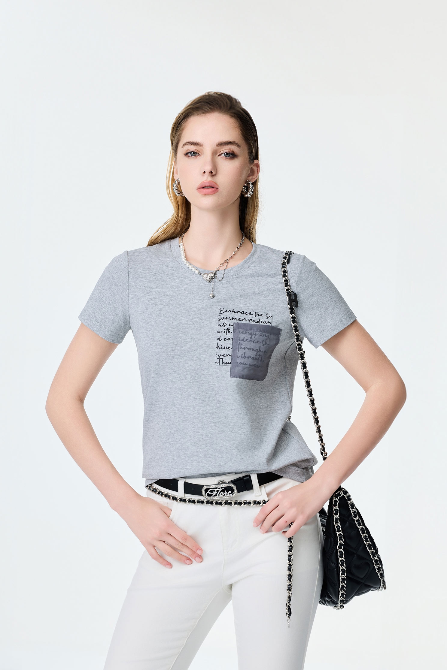 Double Pockets Short Sleeve Grey TeeDouble Pockets Short Sleeve Grey Tee,T-shirts,Tops,Season (SS) Look,Embroidered,Knitted