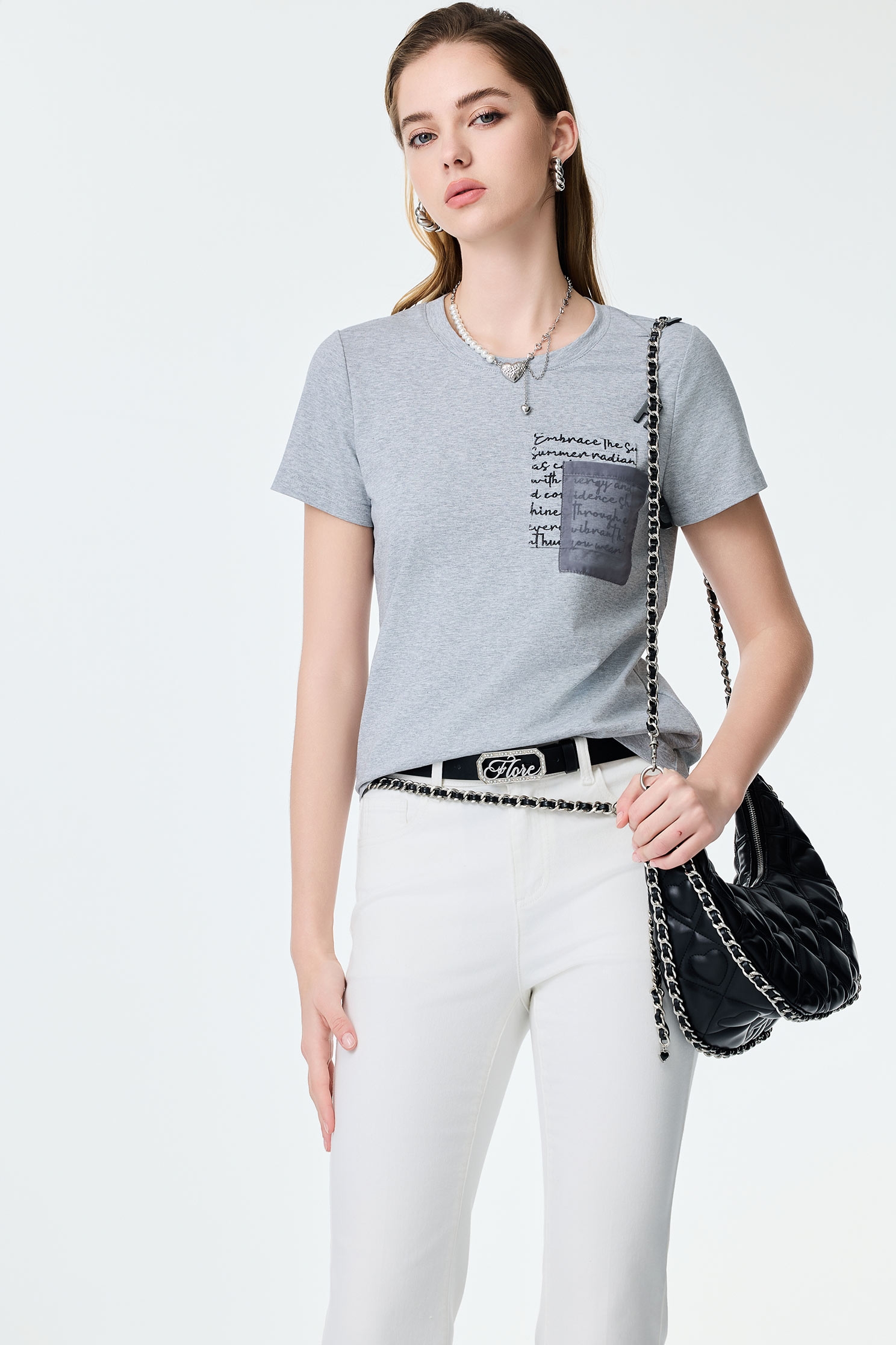 Double Pockets Short Sleeve Grey TeeDouble Pockets Short Sleeve Grey Tee,T-shirts,Tops,Season (SS) Look,Embroidered,Knitted