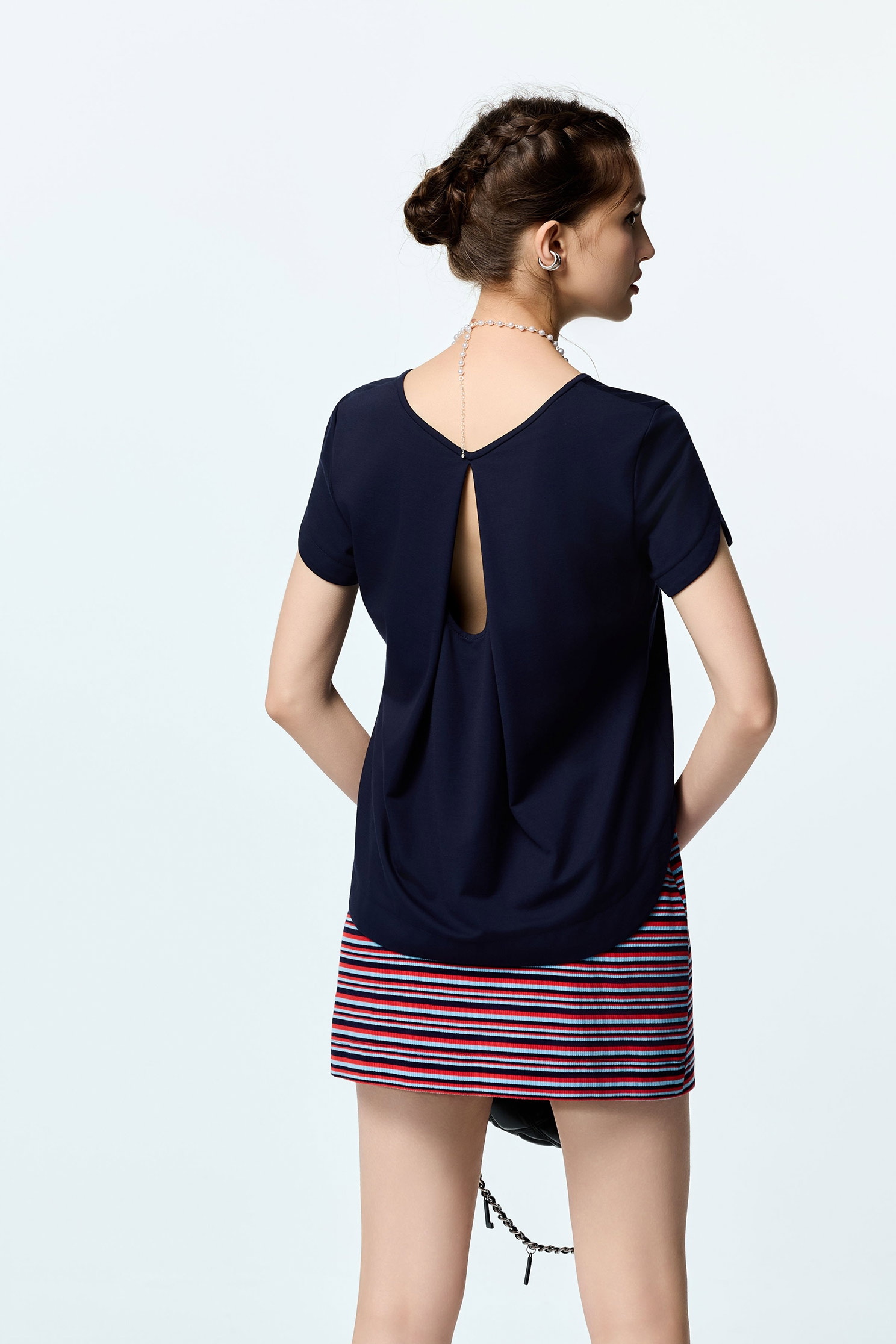 Back Hollow Out Navy TeeBack Hollow Out Navy Tee,Tops,Embroidered,Season (SS) Look,Urban Fashion