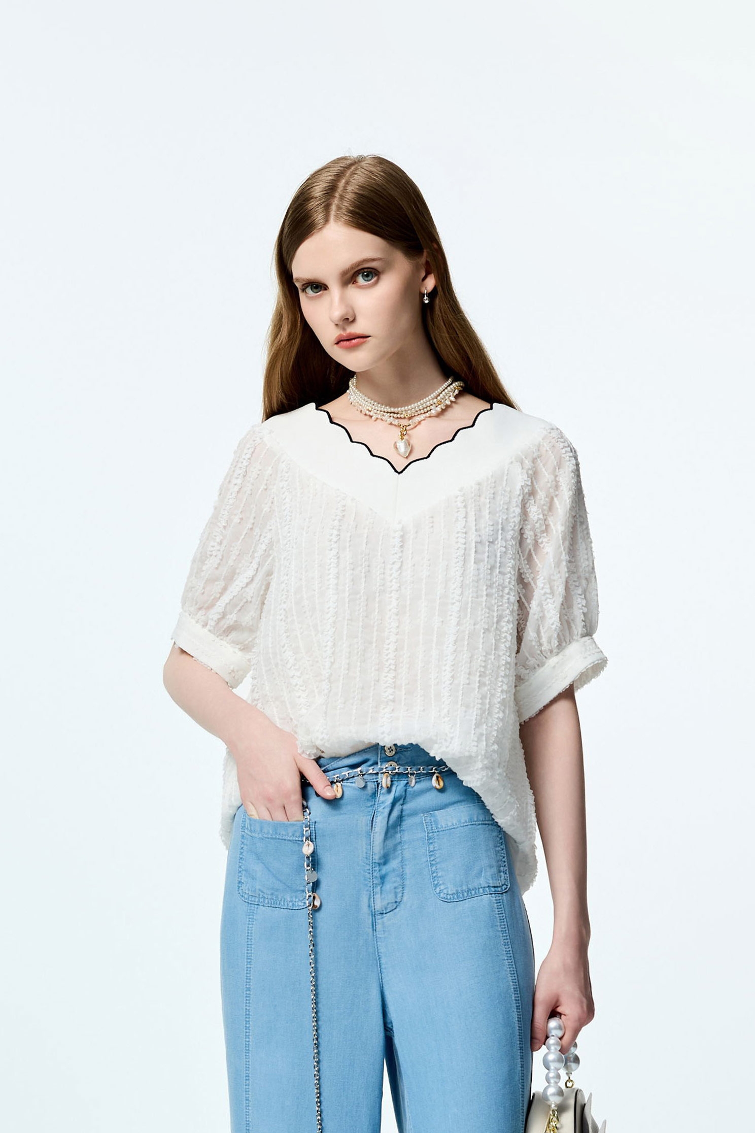V-neck With Scallop Trim Chiffon TopV-neck With Scallop Trim Chiffon Top,Tops,Season (SS) Look,White tops,Urban Fashion,Chiffon