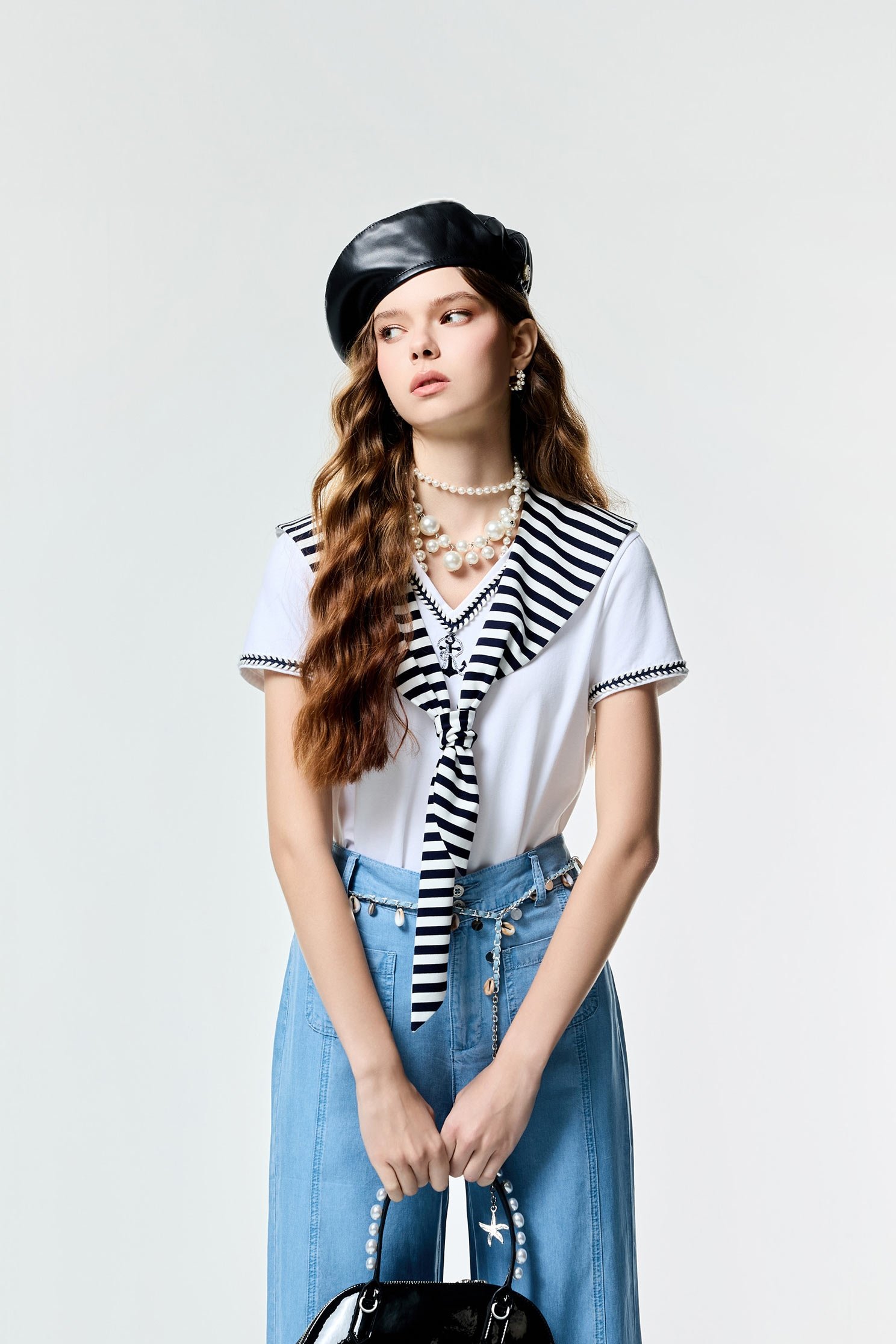 Navy Stripe Collar Short Sleeve TopNavy Stripe Collar Short Sleeve Top,Tops,Season (SS) Look,White tops,Urban Fashion