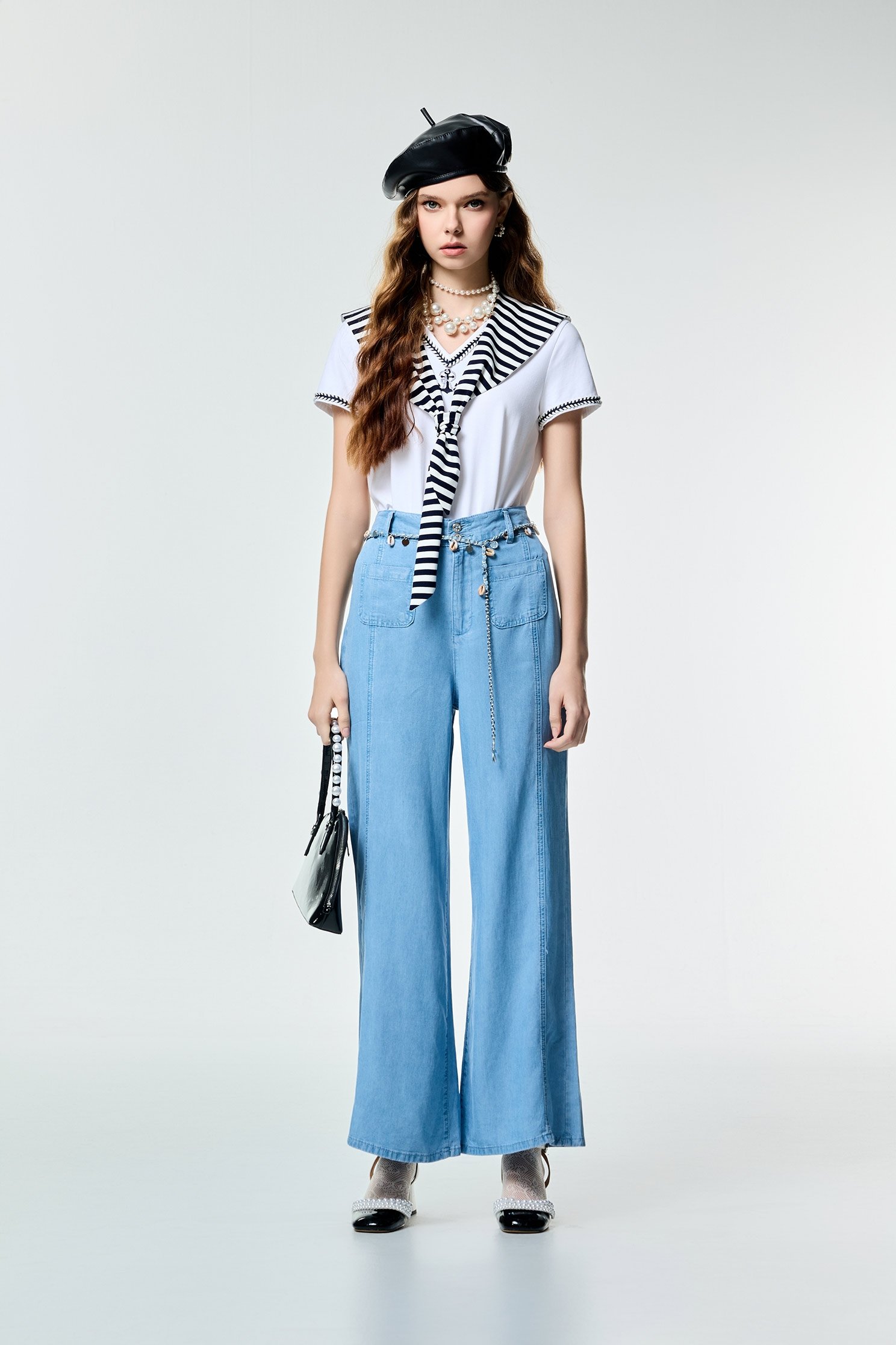 Navy Stripe Collar Short Sleeve TopNavy Stripe Collar Short Sleeve Top,Tops,Season (SS) Look,White tops,Urban Fashion