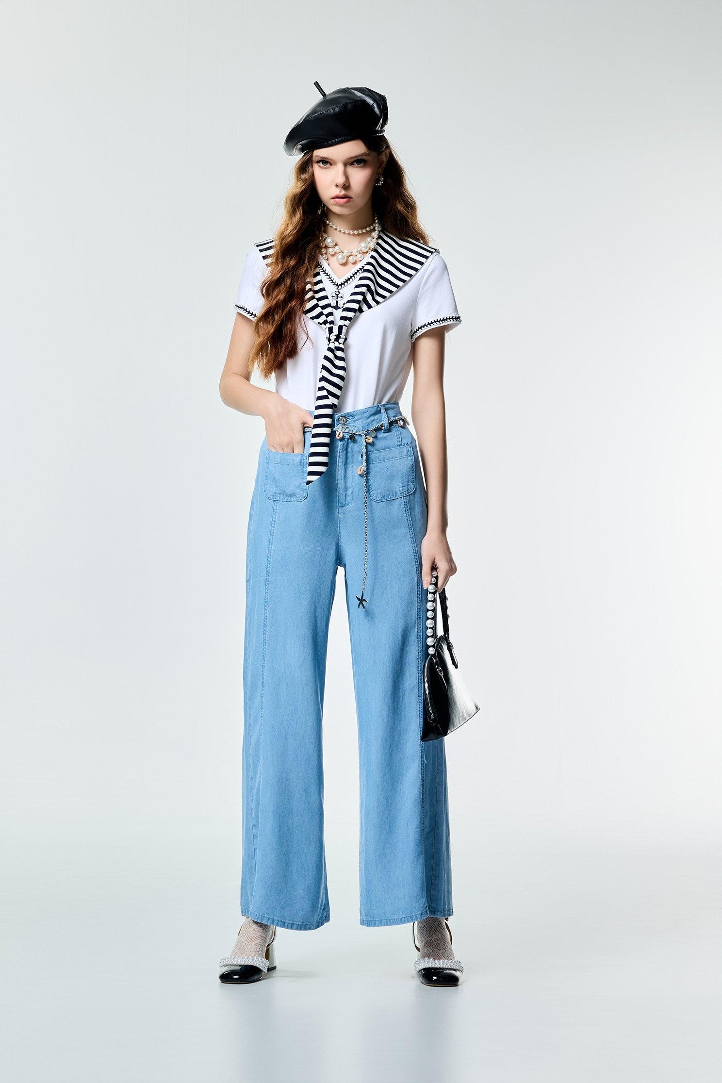 Navy Stripe Collar Short Sleeve TopNavy Stripe Collar Short Sleeve Top,Tops,Season (SS) Look,White tops,Urban Fashion