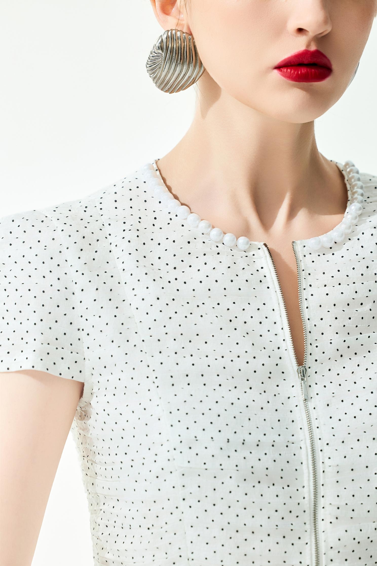 Front Zip Black Dotted Print TopFront Zip Black Dotted Print Top,Tops,Season (SS) Look,pearl