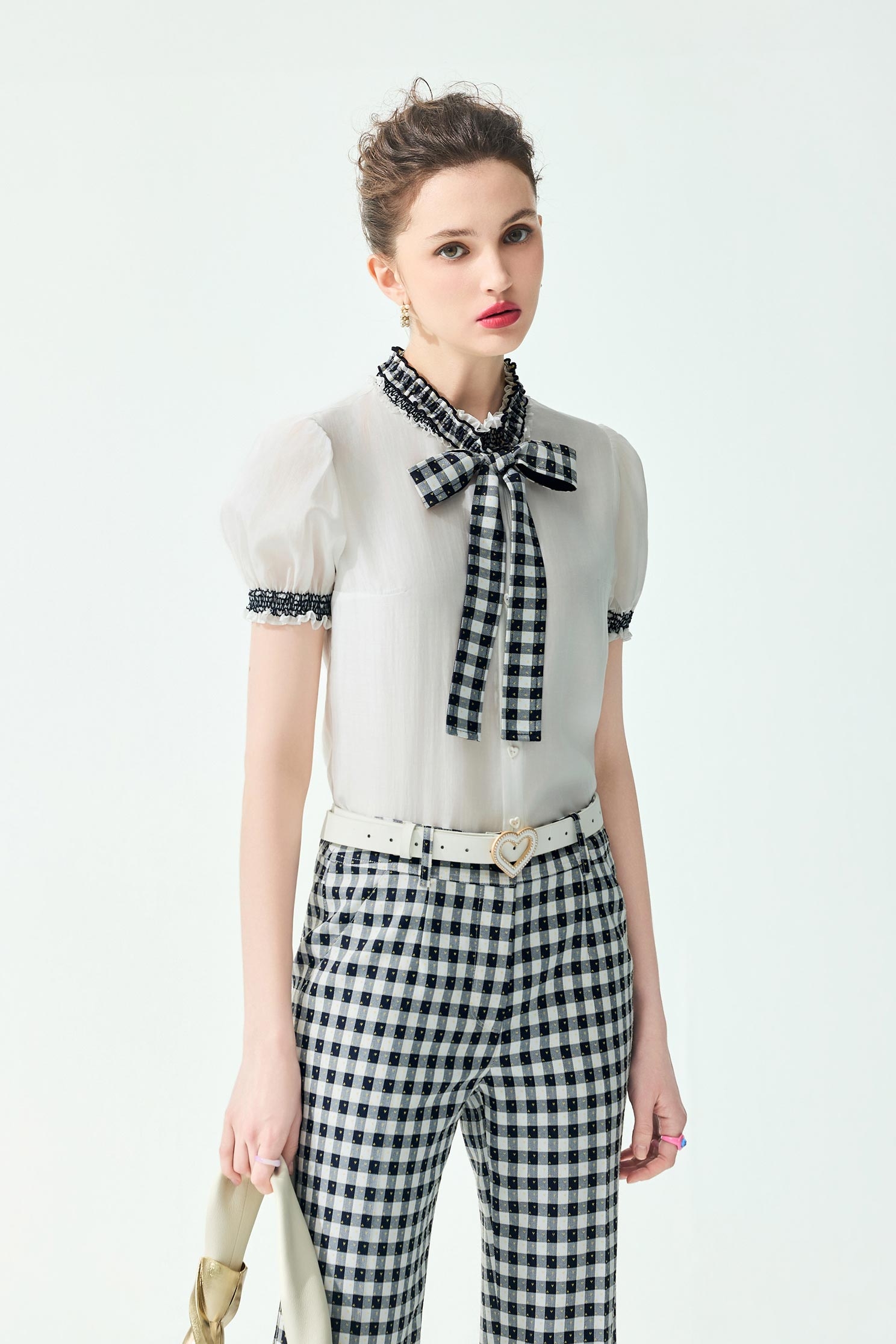 Short sleeve Top With Checkered Bow DetailShort sleeve Top With Checkered Bow Detail,Tops,Embroidered,Season (SS) Look,White tops,bows