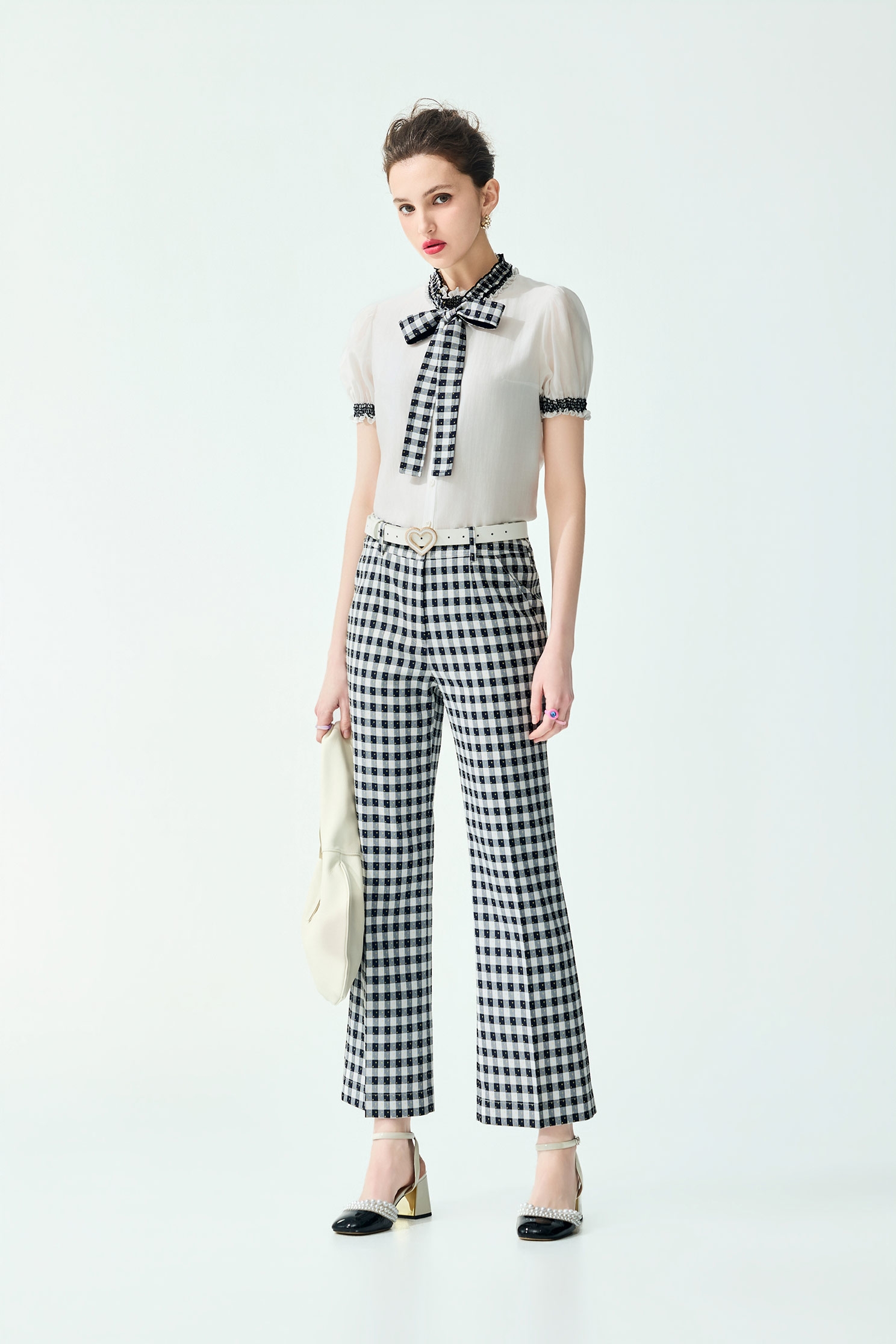 Short sleeve Top With Checkered Bow DetailShort sleeve Top With Checkered Bow Detail,Tops,Embroidered,Season (SS) Look,White tops,bows