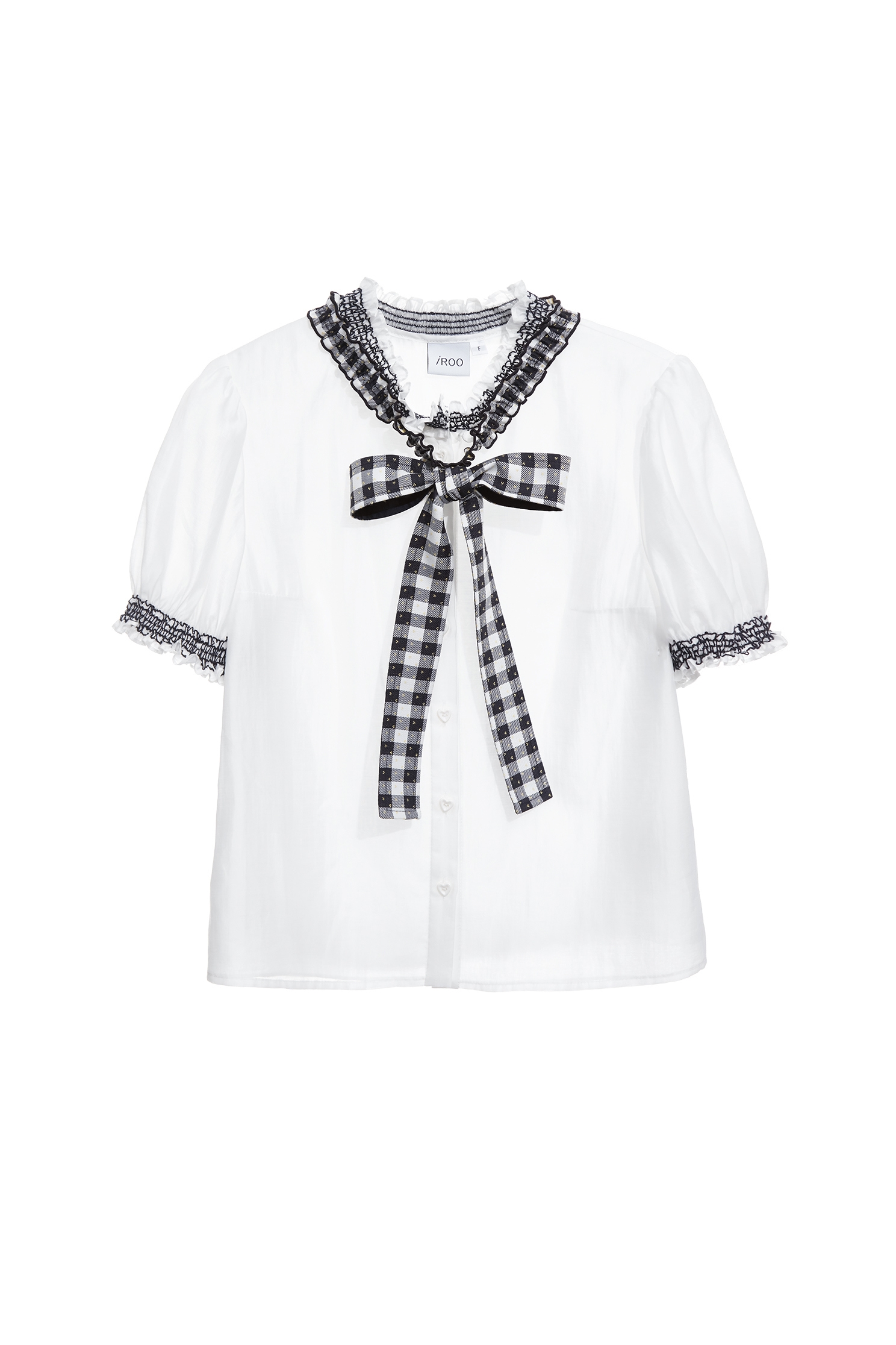 Short sleeve Top With Checkered Bow DetailShort sleeve Top With Checkered Bow Detail,Tops,Embroidered,Season (SS) Look,White tops,bows
