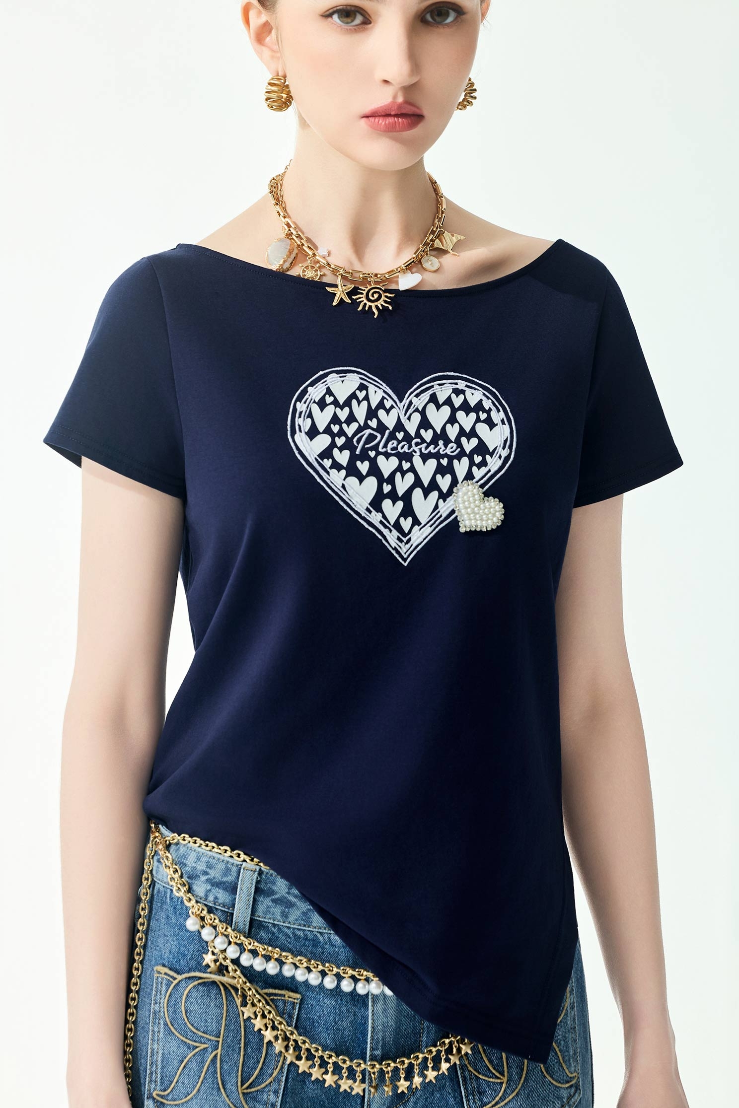 Heart Motif Navy TeeHeart Motif Navy Tee,Tops,Embroidered,Season (SS) Look,Cotton