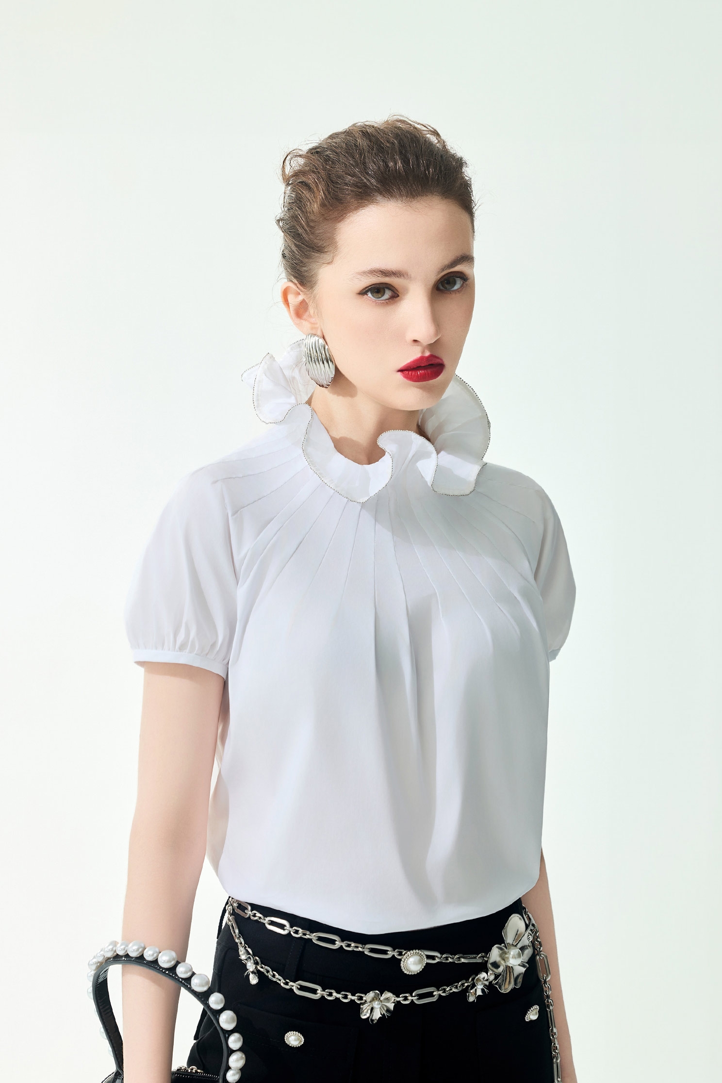 Ruffle Collar Short Sleeve TopRuffle Collar Short Sleeve Top,Tops,Season (SS) Look,pearl,White tops