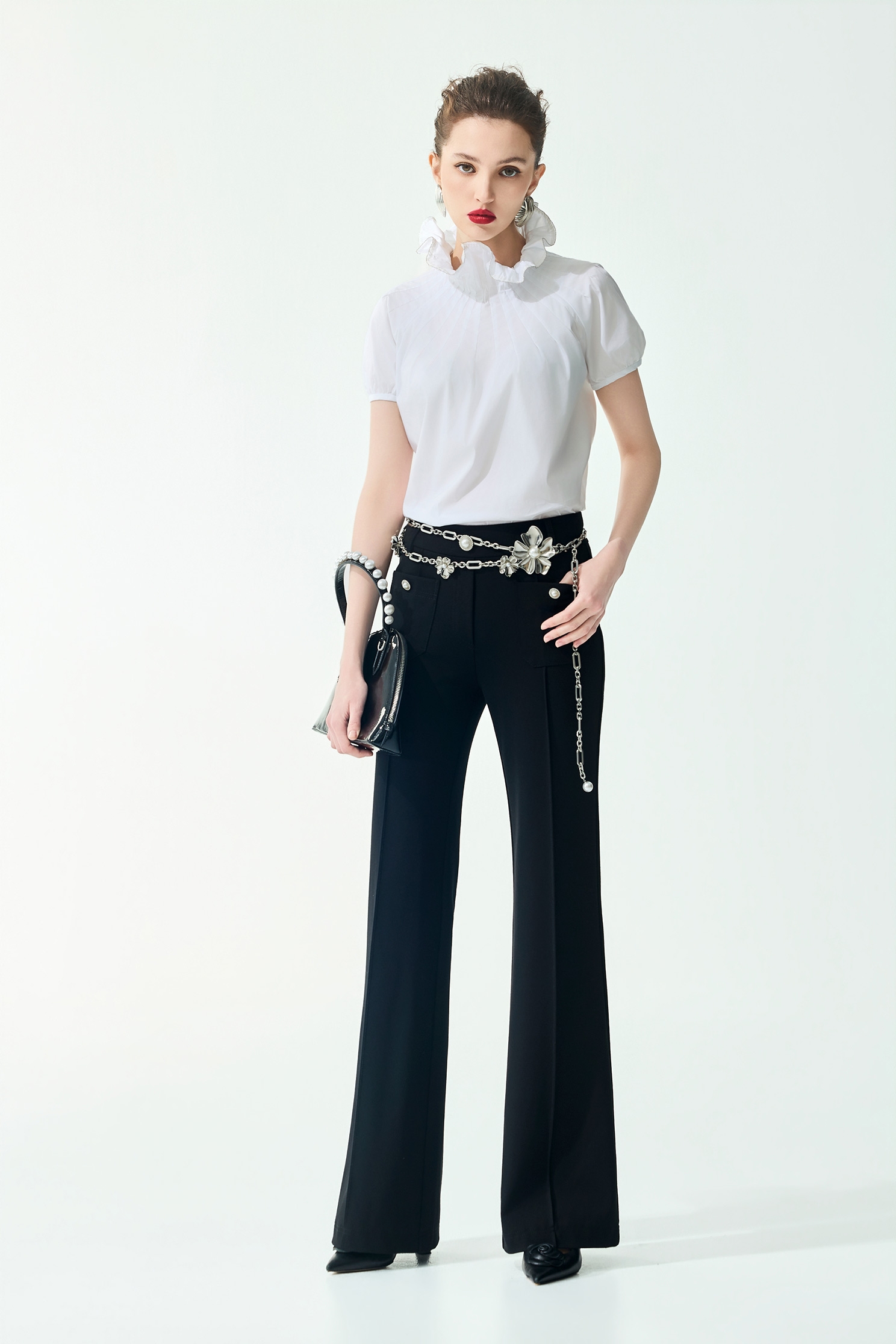 Ruffle Collar Short Sleeve TopRuffle Collar Short Sleeve Top,Tops,Season (SS) Look,pearl,White tops