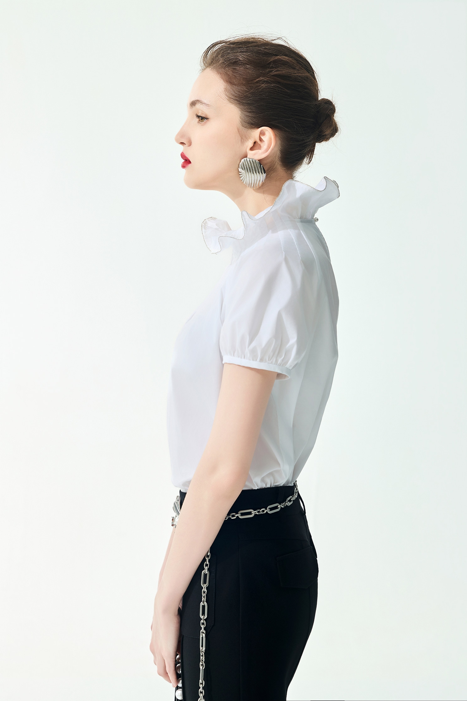 Ruffle Collar Short Sleeve TopRuffle Collar Short Sleeve Top,Tops,Season (SS) Look,pearl,White tops