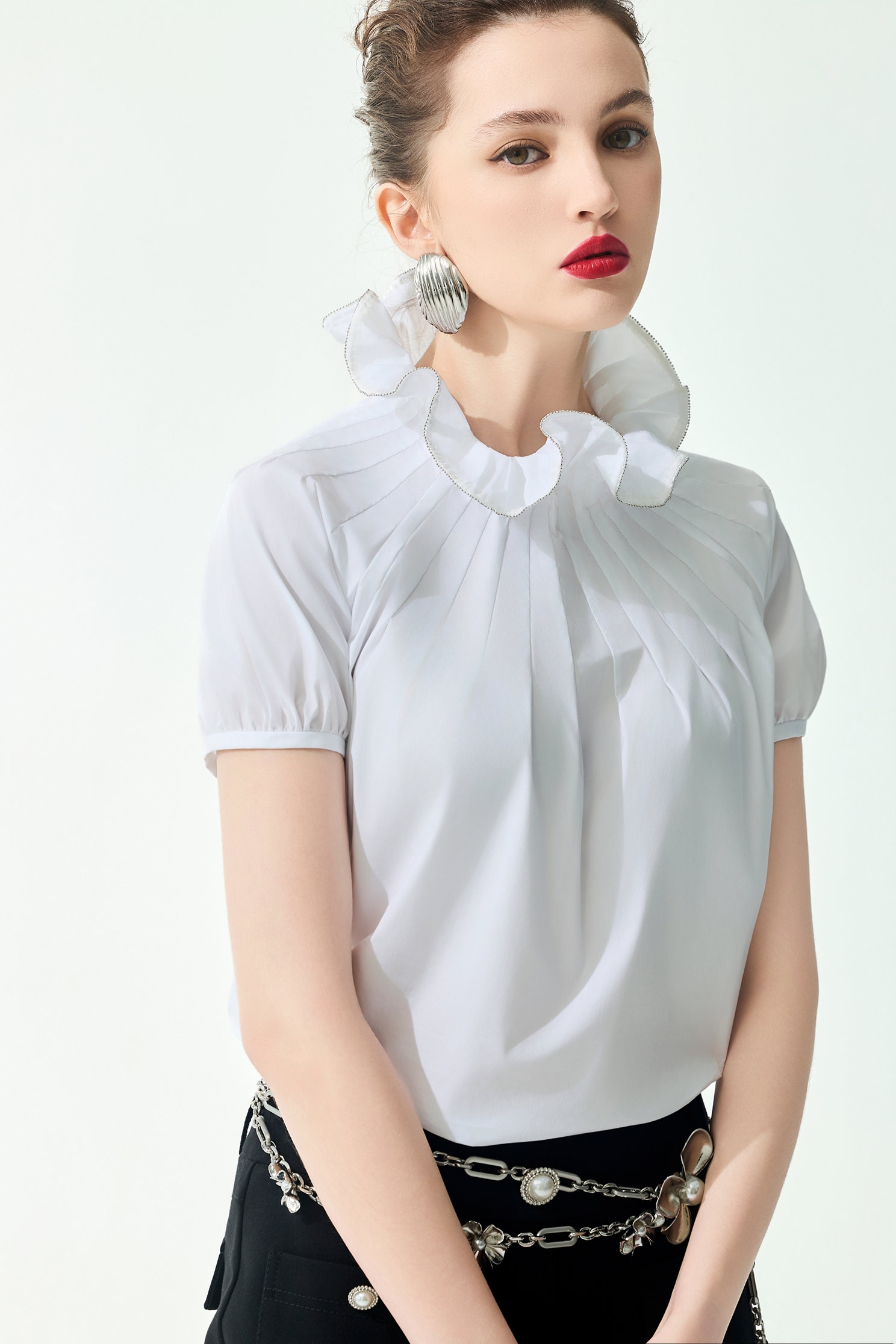 Ruffle Collar Short Sleeve TopRuffle Collar Short Sleeve Top,Tops,Season (SS) Look,pearl,White tops