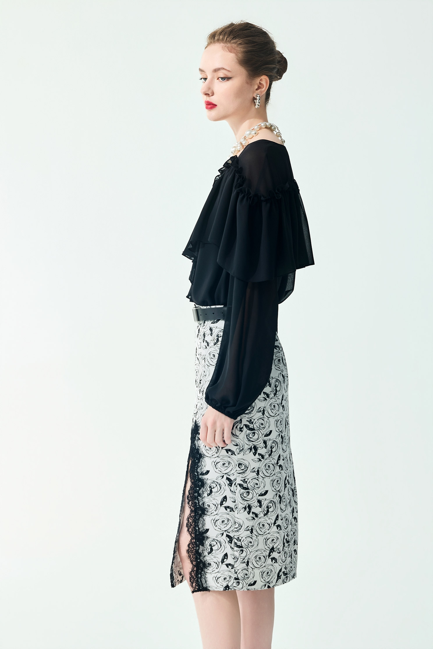 Ruffle Chiffon Long sleeve TopRuffle Chiffon Long sleeve Top,Tops,Under shirts,Season (SS) Look,Chiffon,black tops