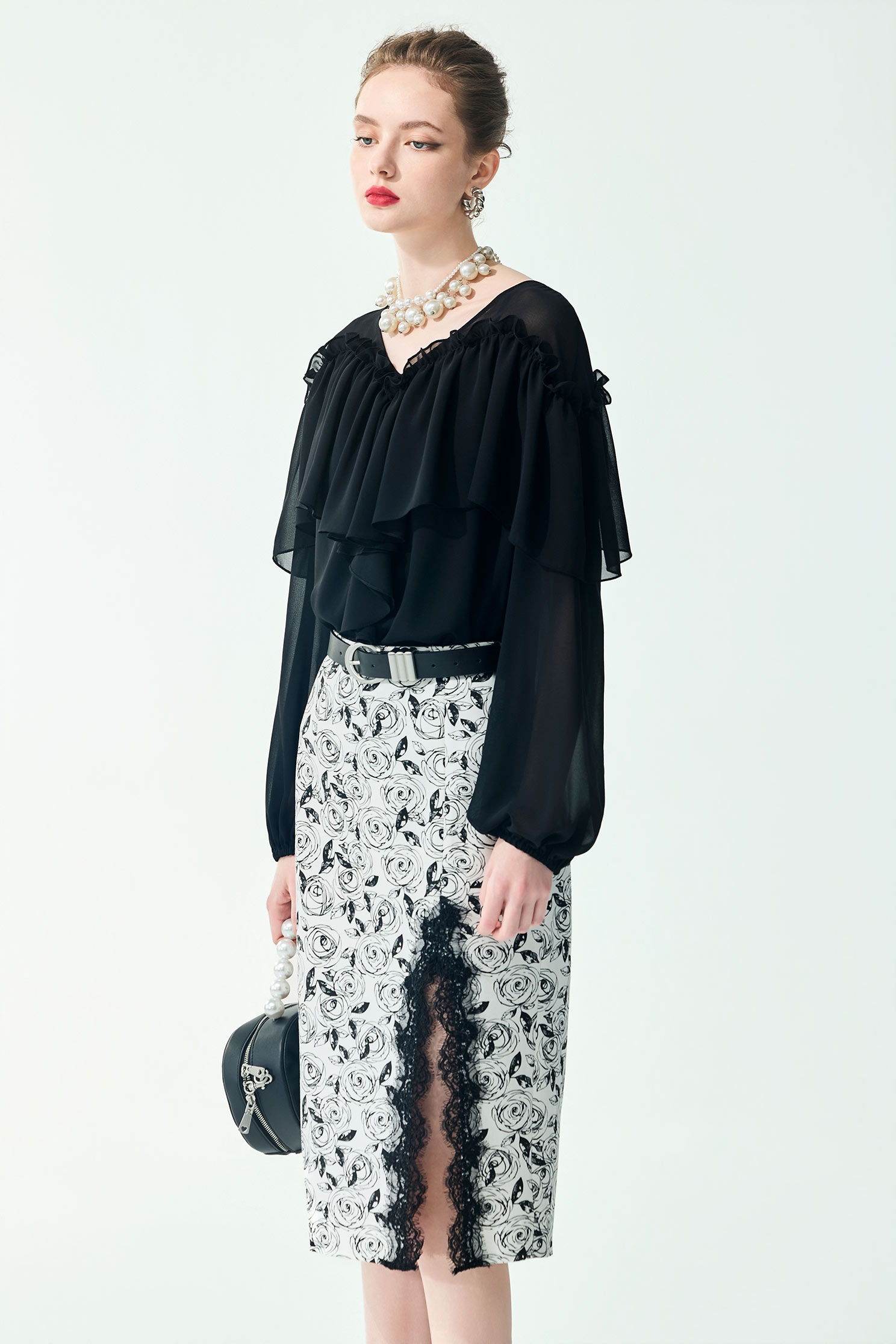 Ruffle Chiffon Long sleeve TopRuffle Chiffon Long sleeve Top,Tops,Under shirts,Season (SS) Look,Chiffon,black tops