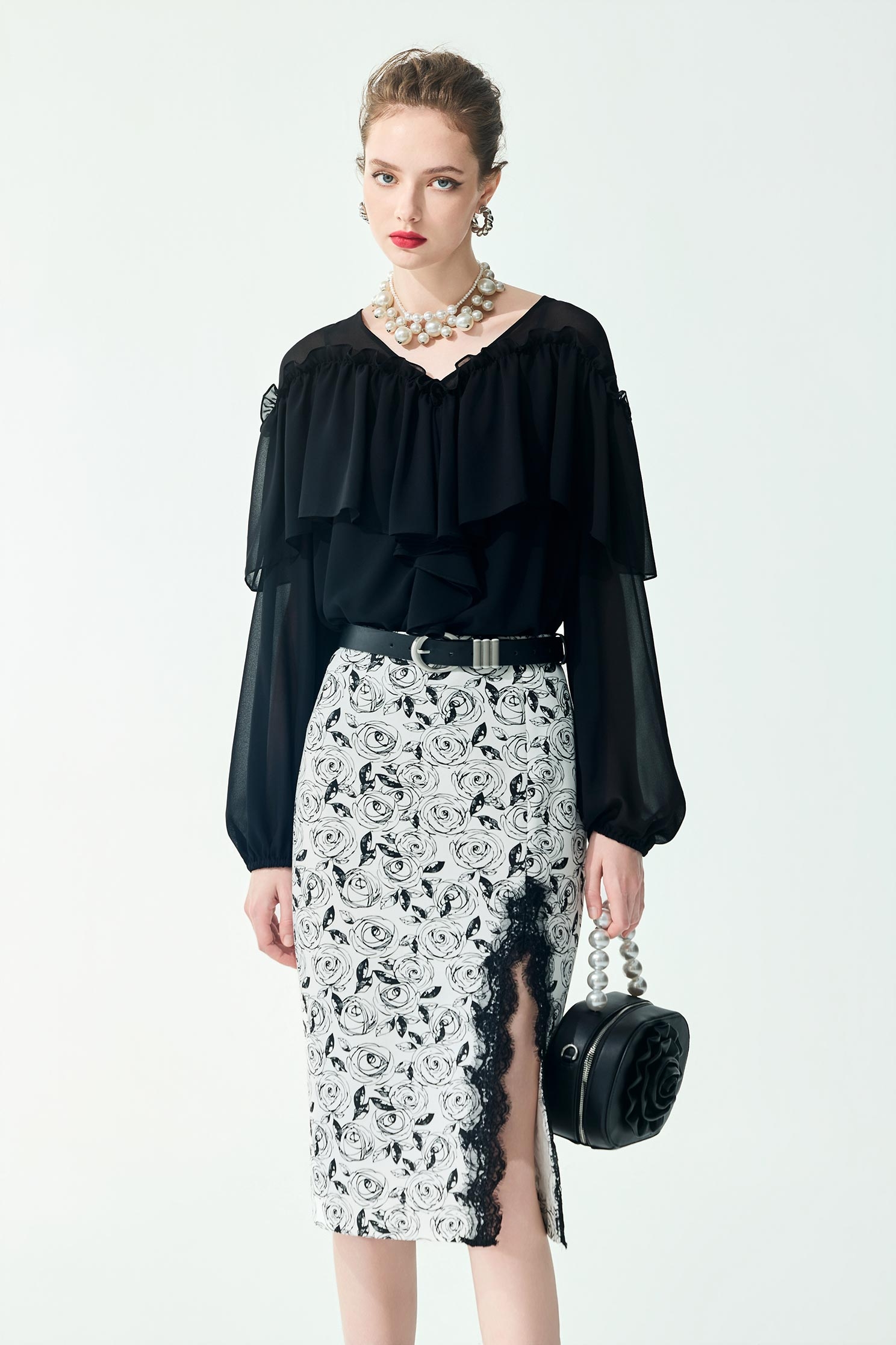 Ruffle Chiffon Long sleeve TopRuffle Chiffon Long sleeve Top,Tops,Under shirts,Season (SS) Look,Chiffon,black tops