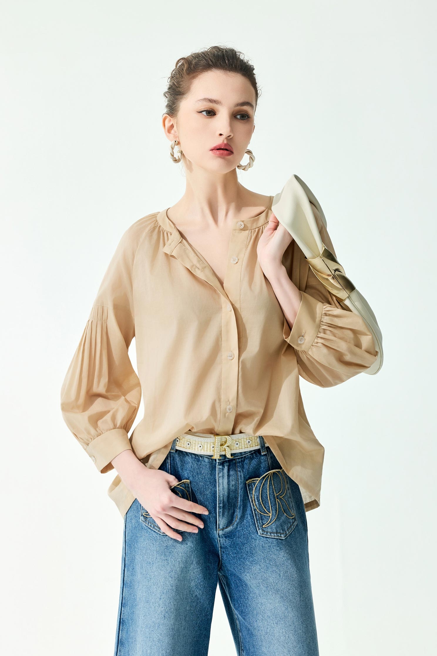 Pleated Sleeve Detail Khaki TopPleated Sleeve Detail Khaki Top,Tops,Season (SS) Look,Blouses