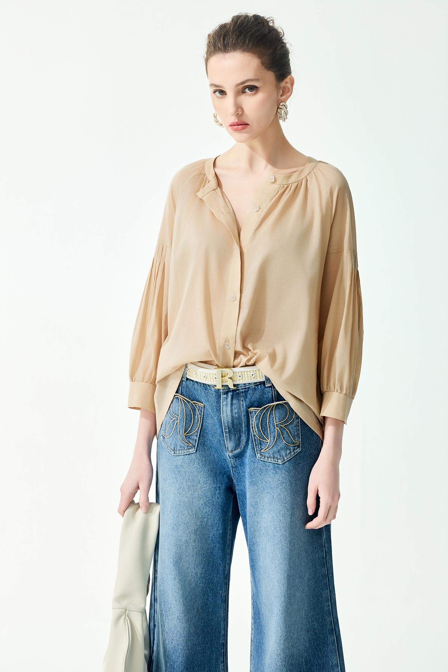 Pleated Sleeve Detail Khaki TopPleated Sleeve Detail Khaki Top,Tops,Season (SS) Look,Blouses