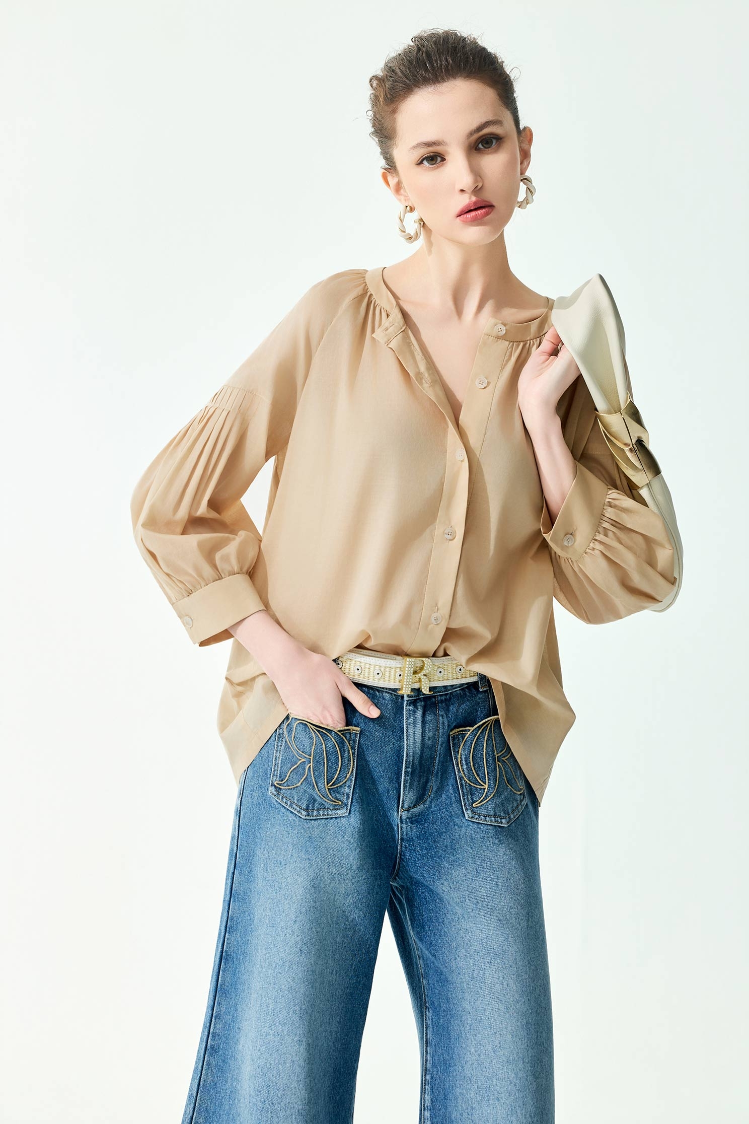 Pleated Sleeve Detail Khaki TopPleated Sleeve Detail Khaki Top,Tops,Season (SS) Look,Blouses