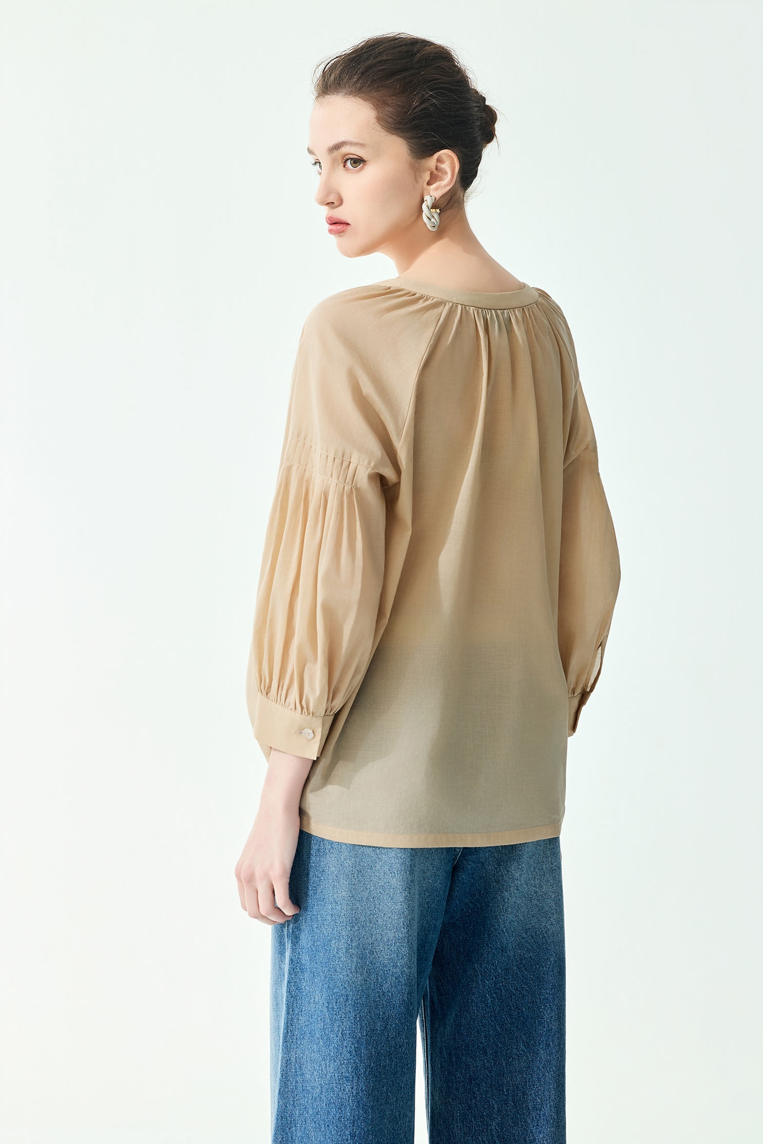 Pleated Sleeve Detail Khaki TopPleated Sleeve Detail Khaki Top,Tops,Season (SS) Look,Blouses