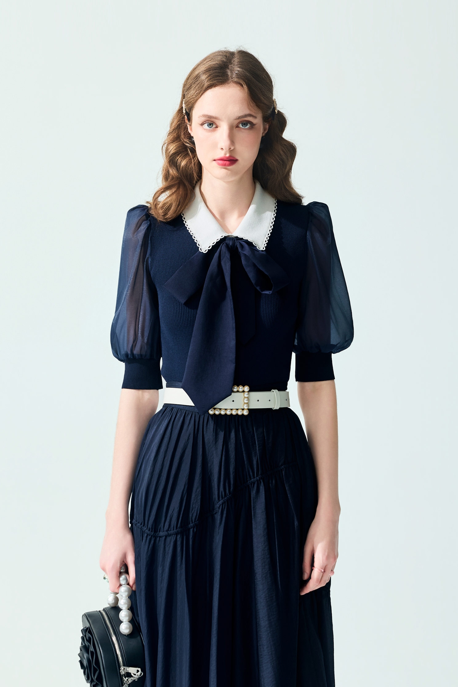 Contrast White Collar Navy Knit TopContrast White Collar Navy Knit Top,Tops,Season (SS) Look,bows,Knitted,Knitted tops