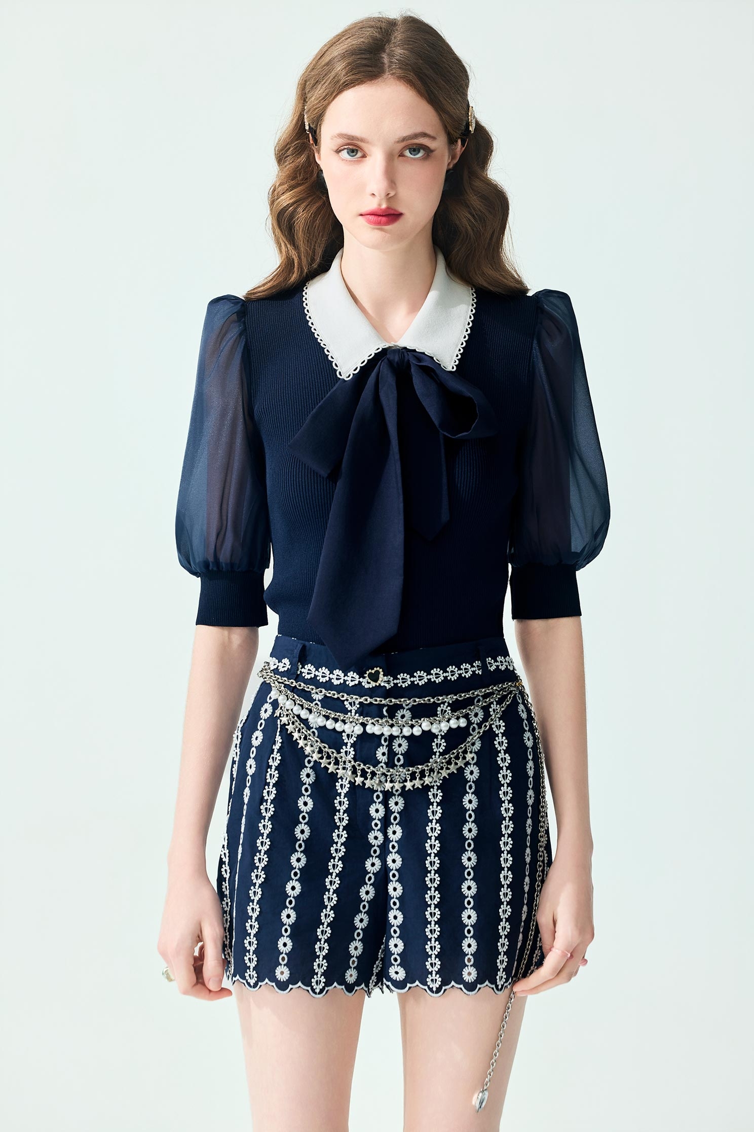 Contrast White Collar Navy Knit TopContrast White Collar Navy Knit Top,Tops,Season (SS) Look,bows,Knitted,Knitted tops