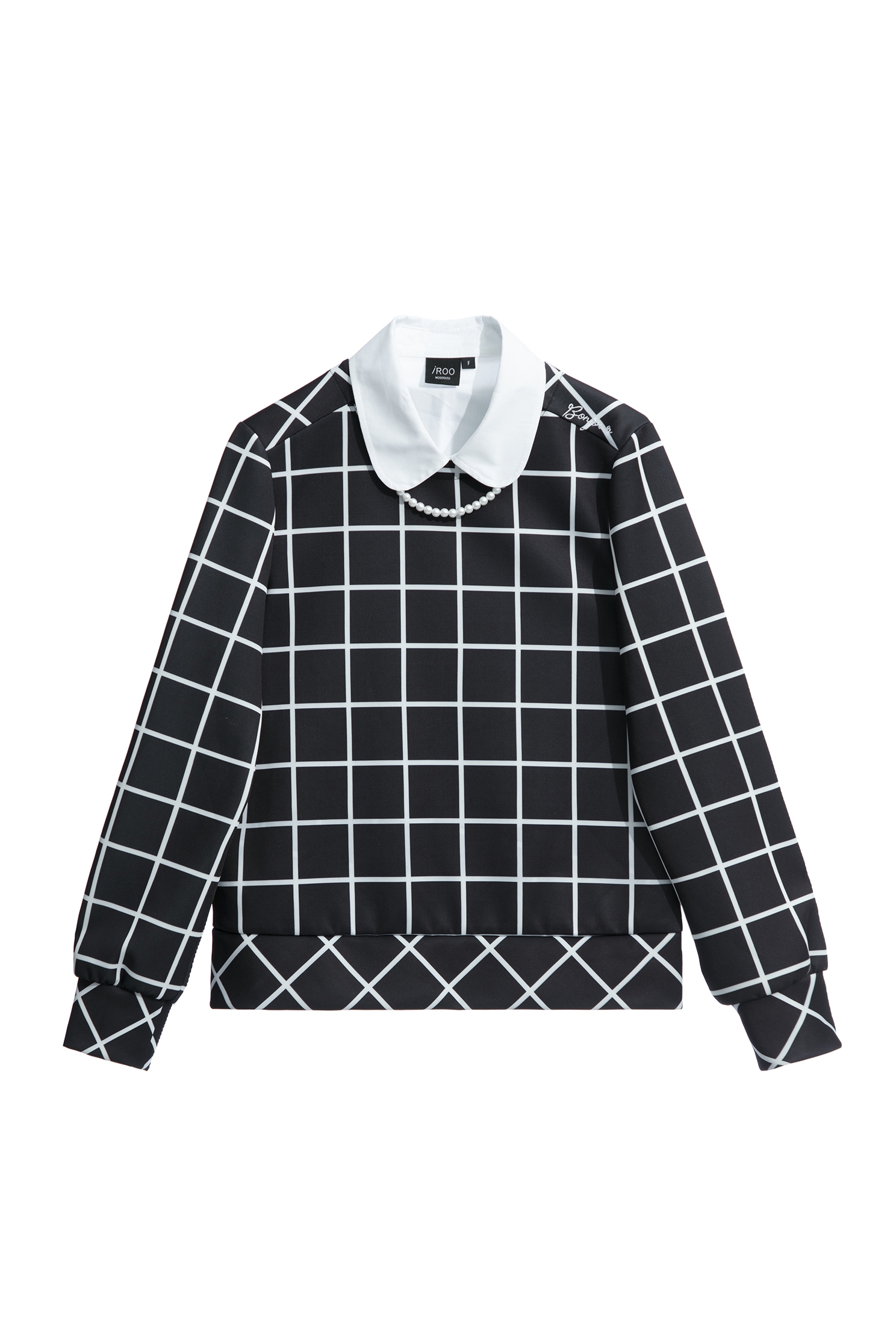 Long Sleeve Checkered Top With Detachable CollarLong Sleeve Checkered Top With Detachable Collar,Tops,pearl,Season (AW) Look,Embroidered,Blouses,Long sleeve tops,Necklaces
