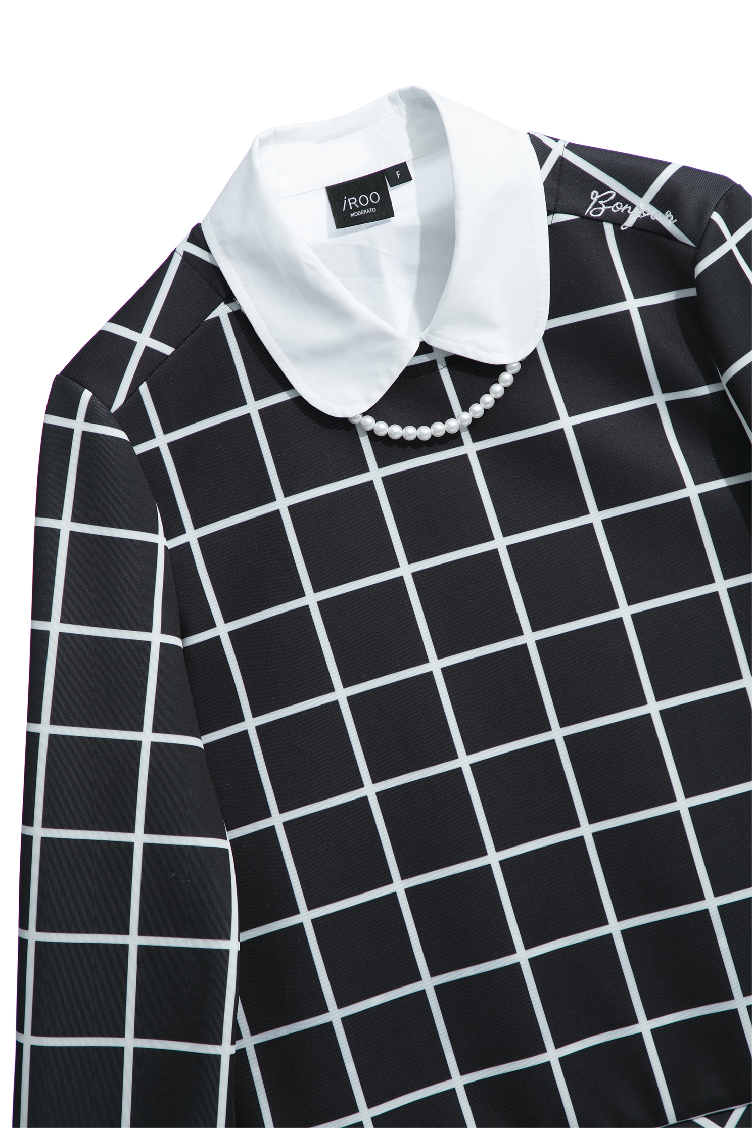 Long Sleeve Checkered Top With Detachable CollarLong Sleeve Checkered Top With Detachable Collar,Tops,pearl,Season (AW) Look,Embroidered,Blouses,Long sleeve tops,Necklaces