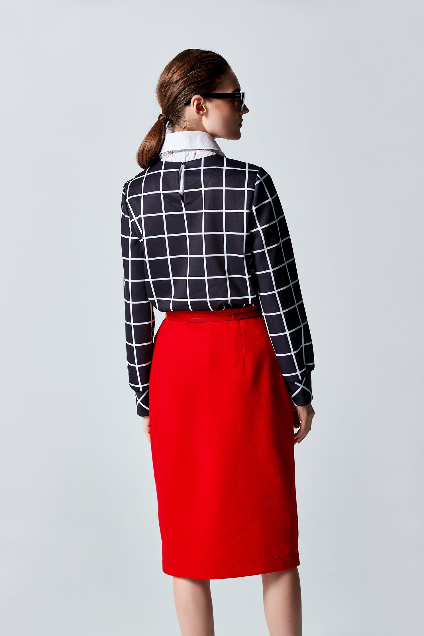 Long Sleeve Checkered Top With Detachable CollarLong Sleeve Checkered Top With Detachable Collar,Tops,pearl,Season (AW) Look,Embroidered,Blouses,Long sleeve tops,Necklaces