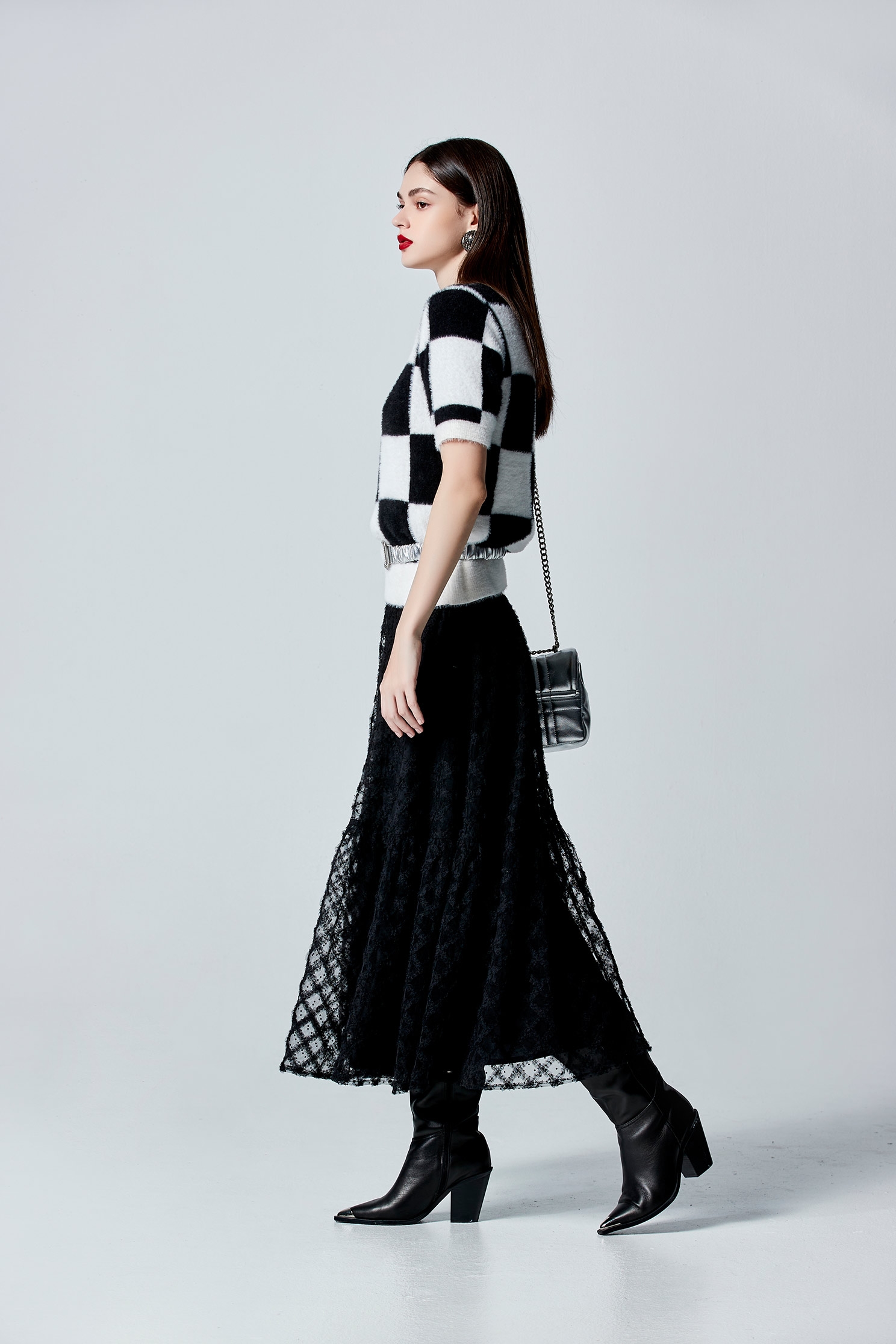 Black White Checkered Fuzzy TopBlack White Checkered Fuzzy Top,Tops,Season (AW) Look,Knitted,Knitted tops