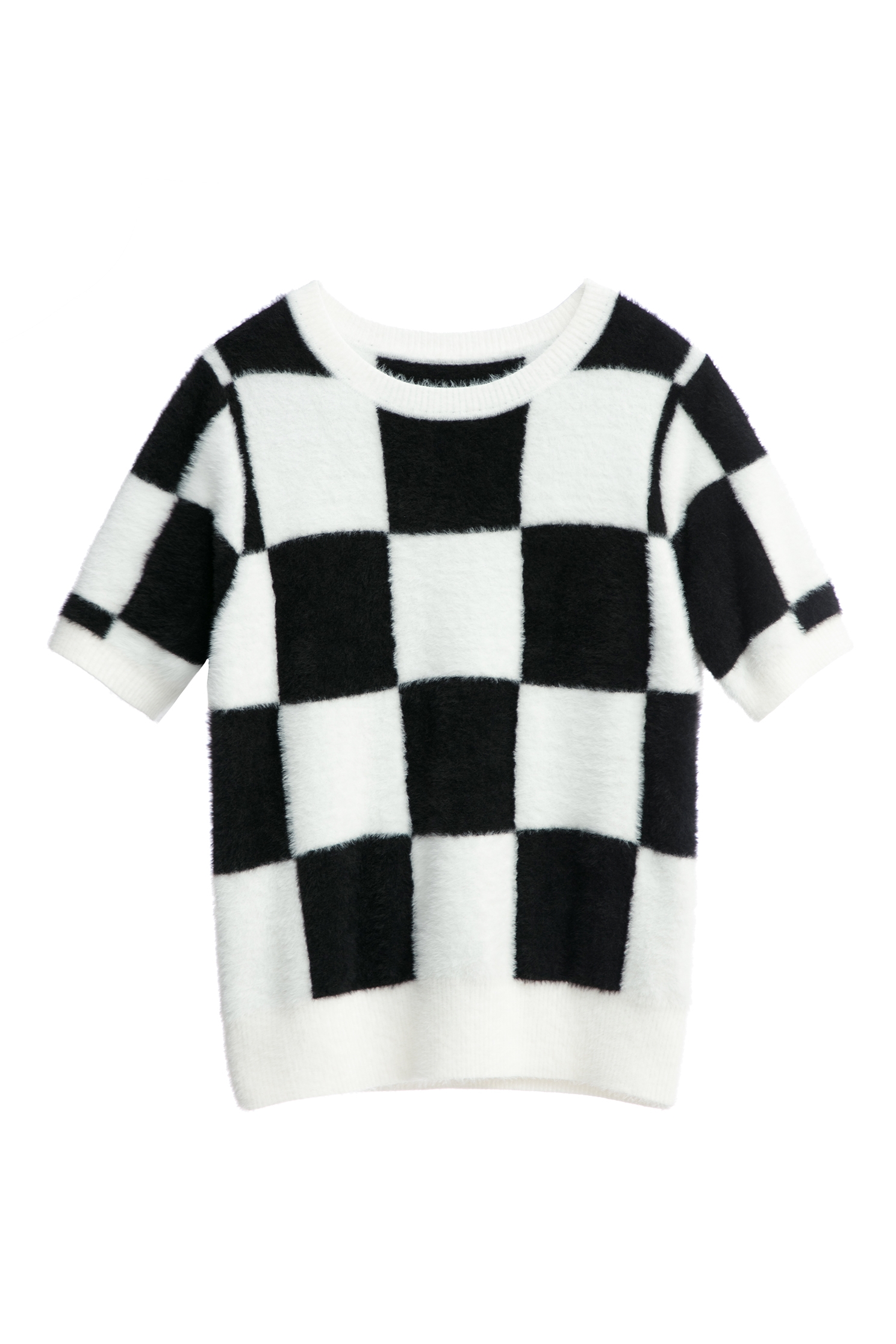 Black White Checkered Fuzzy TopBlack White Checkered Fuzzy Top,Tops,Season (AW) Look,Knitted,Knitted tops