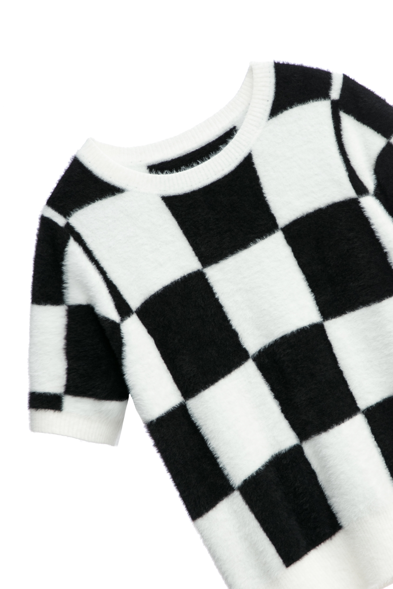 Black White Checkered Fuzzy TopBlack White Checkered Fuzzy Top,Tops,Season (AW) Look,Knitted,Knitted tops