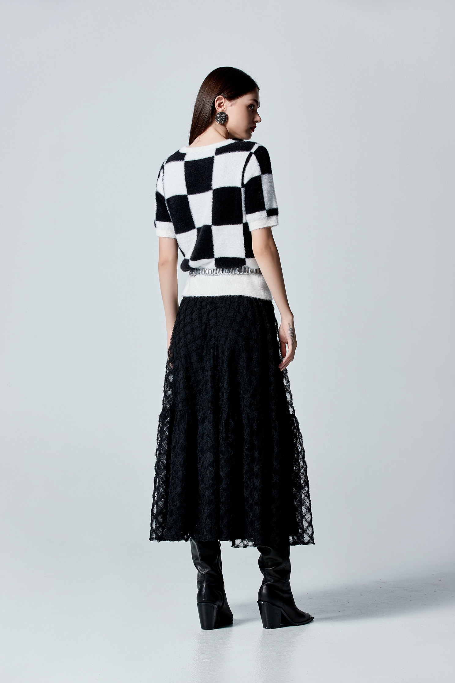 Black White Checkered Fuzzy TopBlack White Checkered Fuzzy Top,Tops,Season (AW) Look,Knitted,Knitted tops