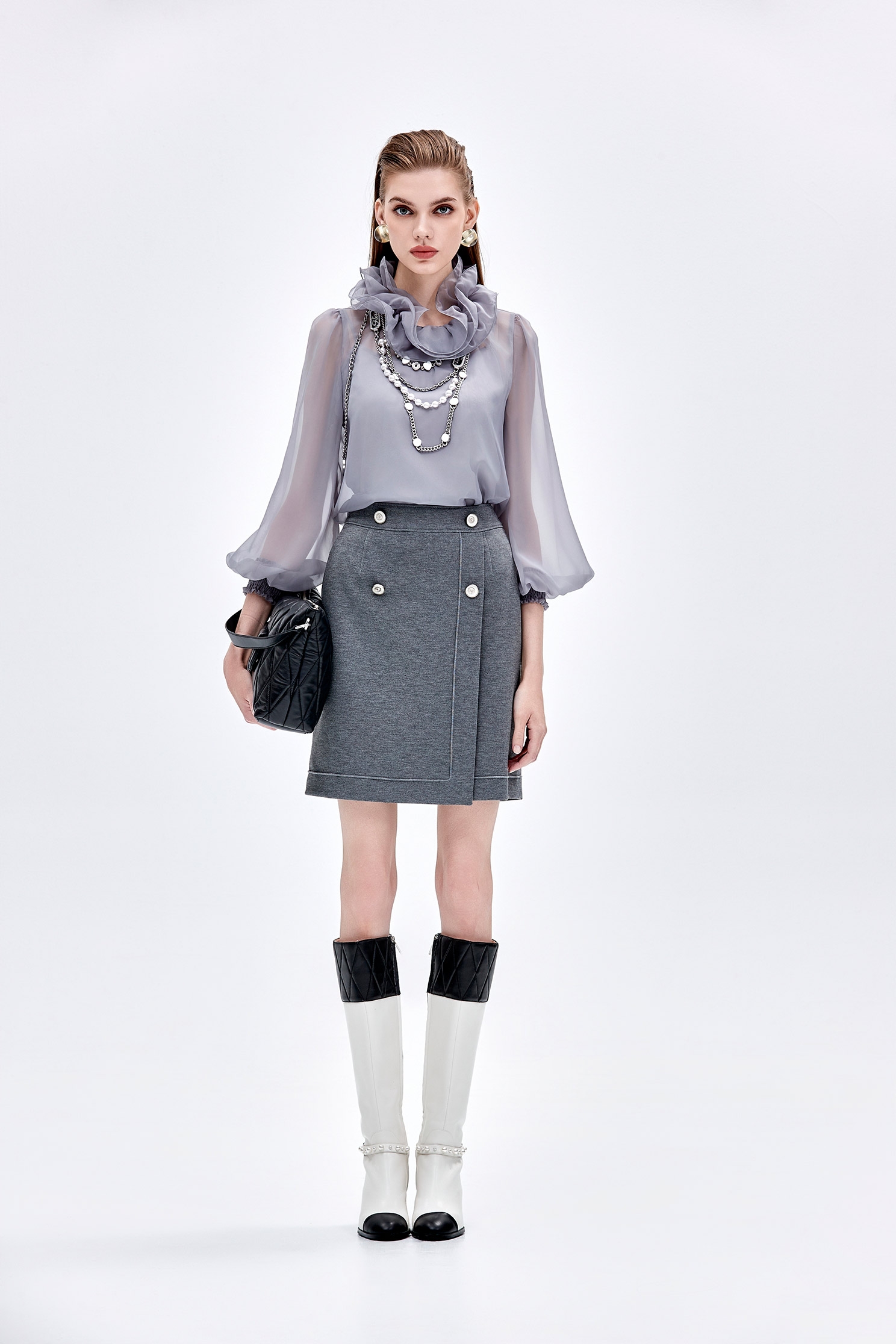 Ruffle Collar Grey Organza TopRuffle Collar Grey Organza Top,Tops,Season (AW) Look