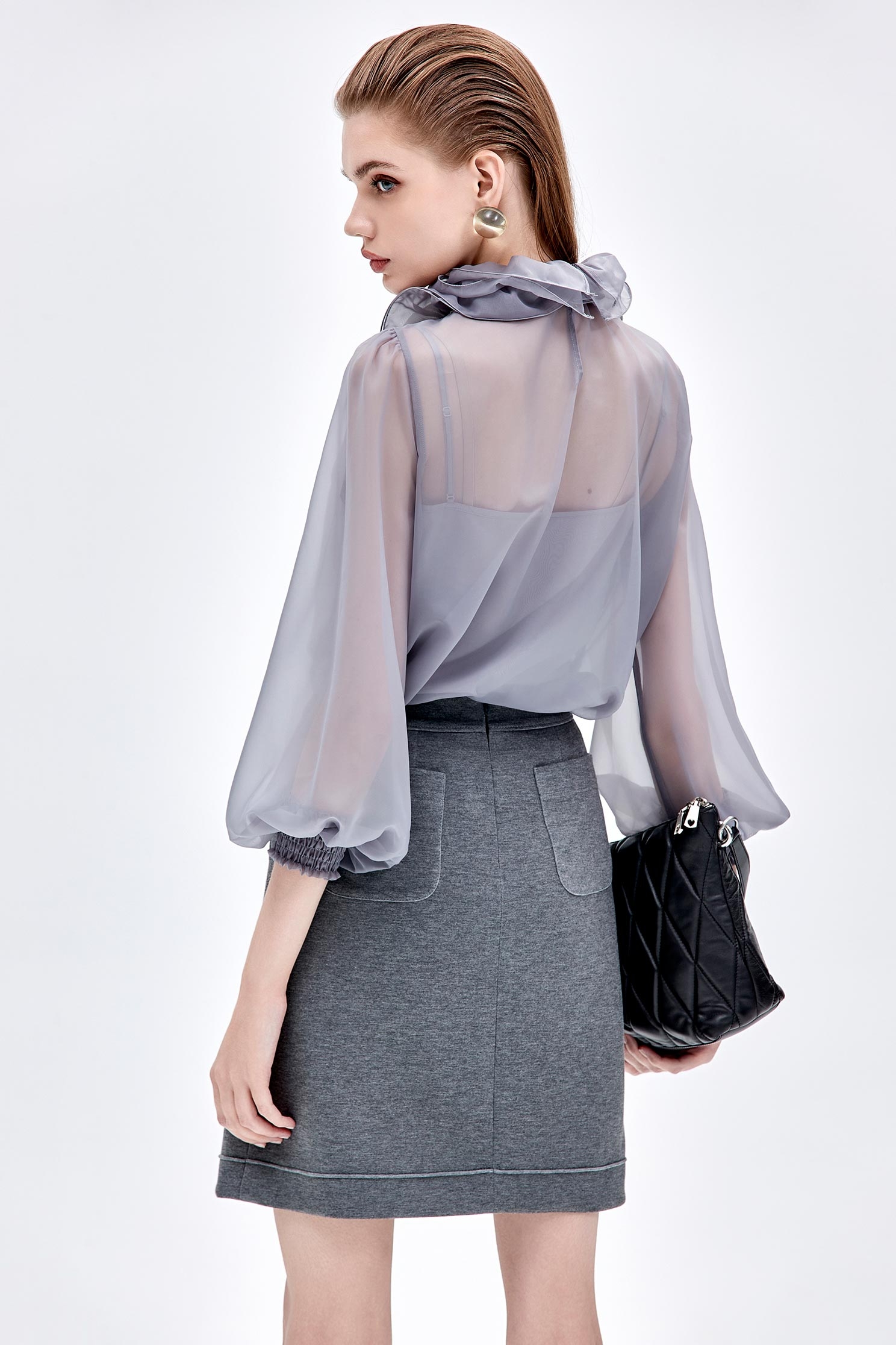 Ruffle Collar Grey Organza TopRuffle Collar Grey Organza Top,Tops,Season (AW) Look
